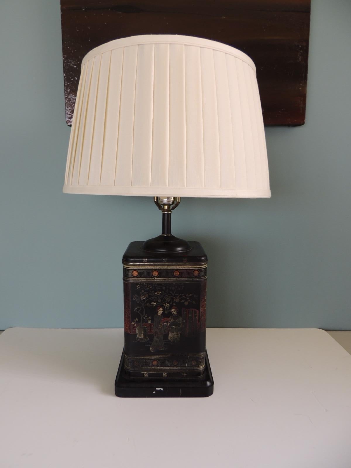 Chinese Export Vintage Black Asian Tea Canister Table Lamp