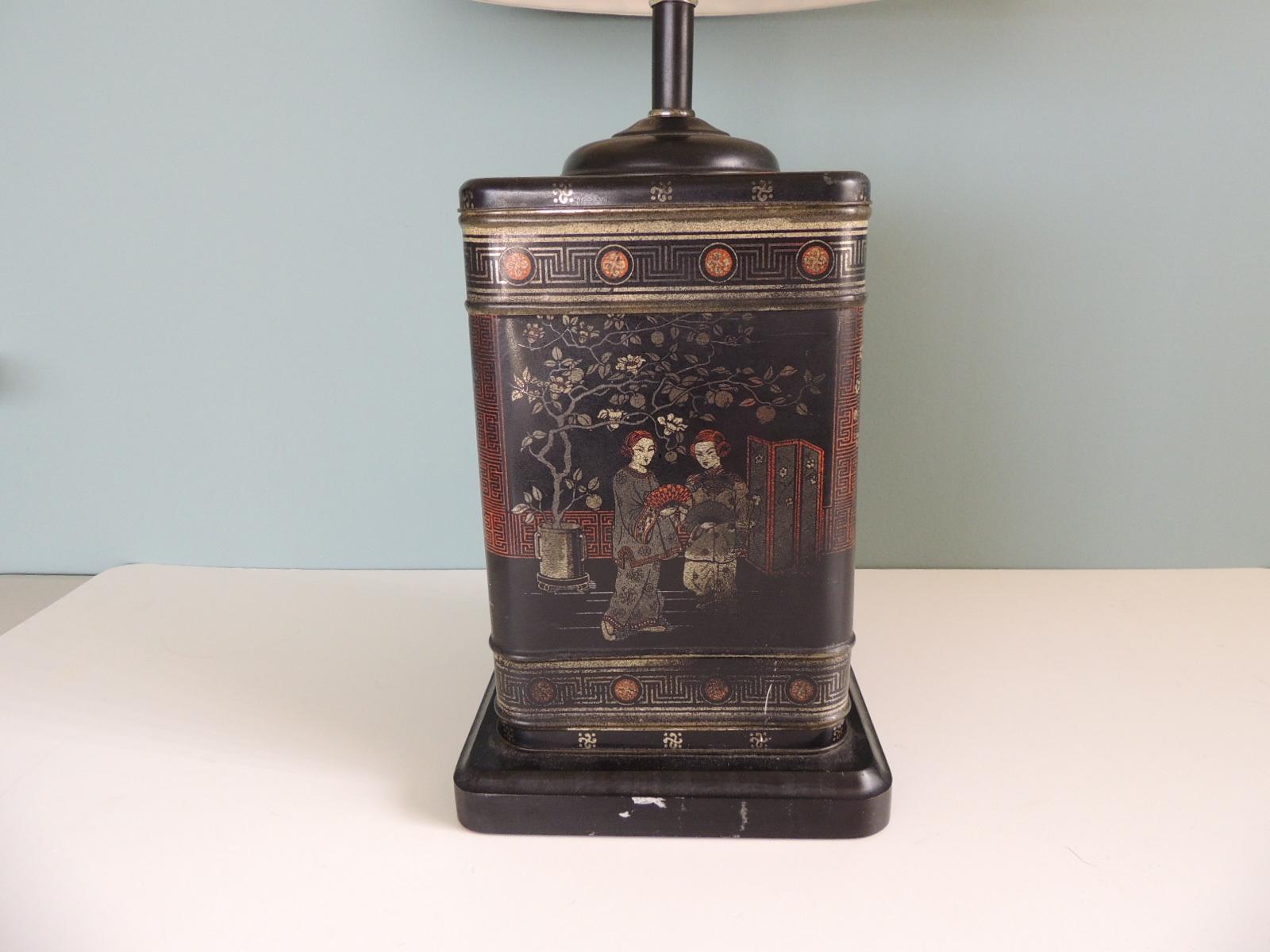 Chinese Vintage Black Asian Tea Canister Table Lamp