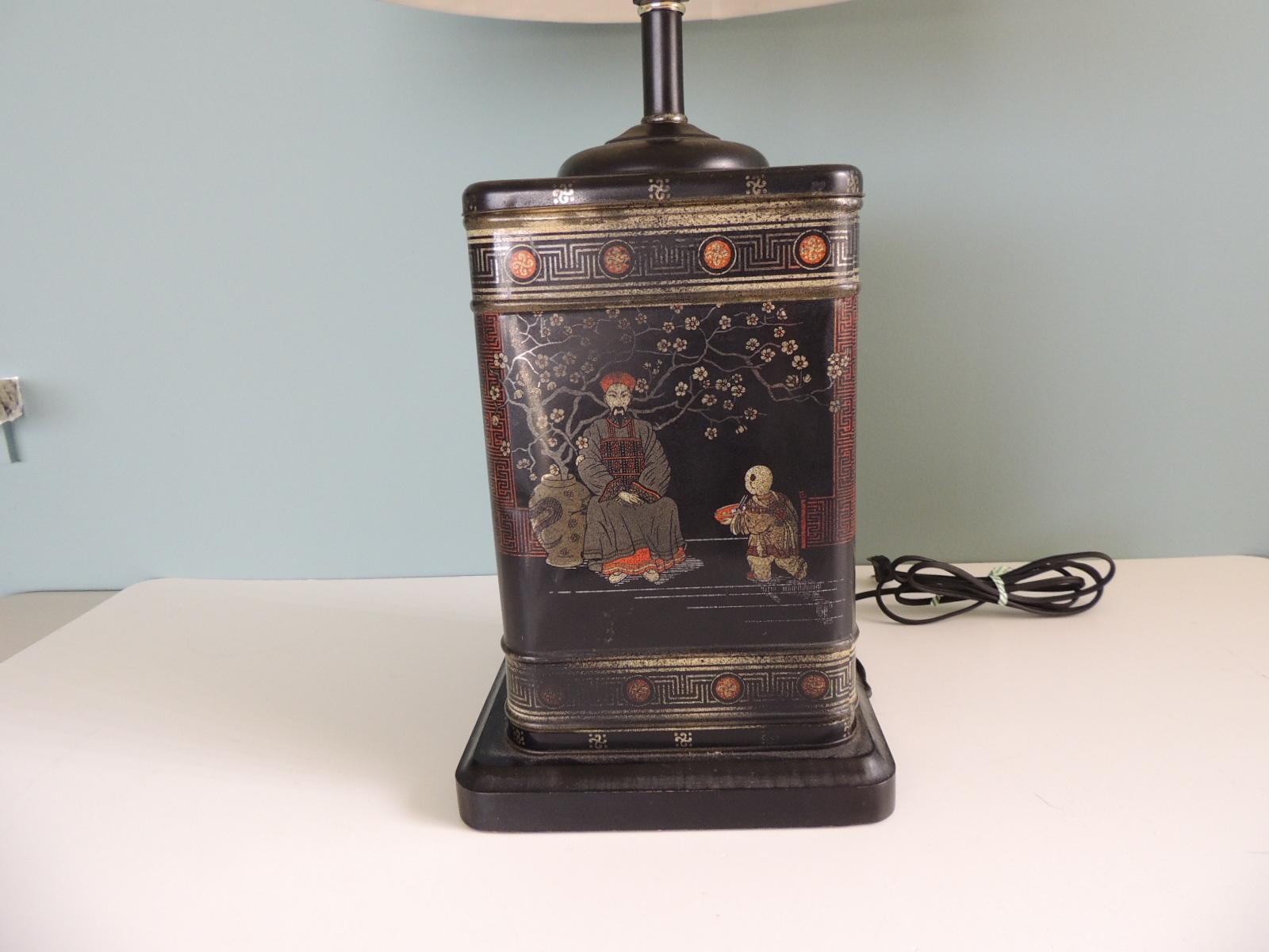 Hand-Crafted Vintage Black Asian Tea Canister Table Lamp