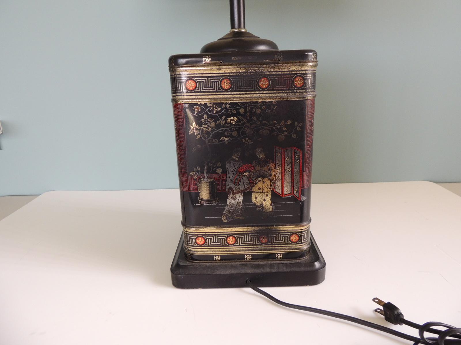 Vintage Black Asian Tea Canister Table Lamp In Good Condition In Oakland Park, FL