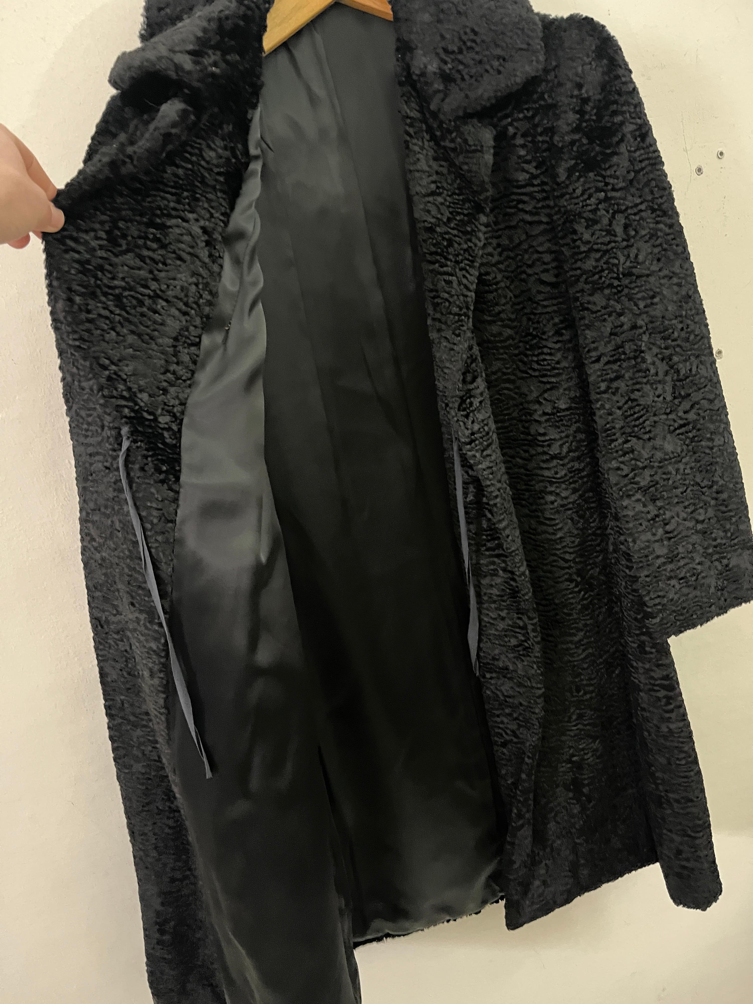 Women's Vintage Black Astrakhan Fur Coat Long Women 80s For Sale