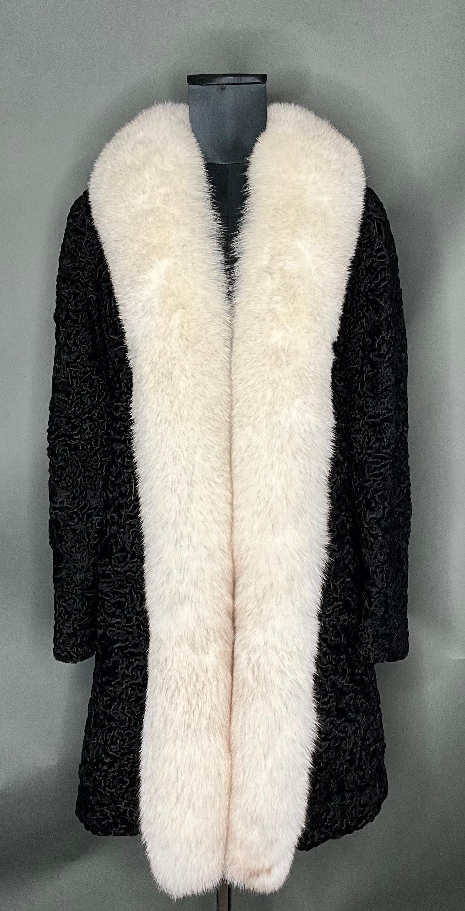 Beige Vintage Black Astrakhan Fur Coat with White Fox Collar For Sale