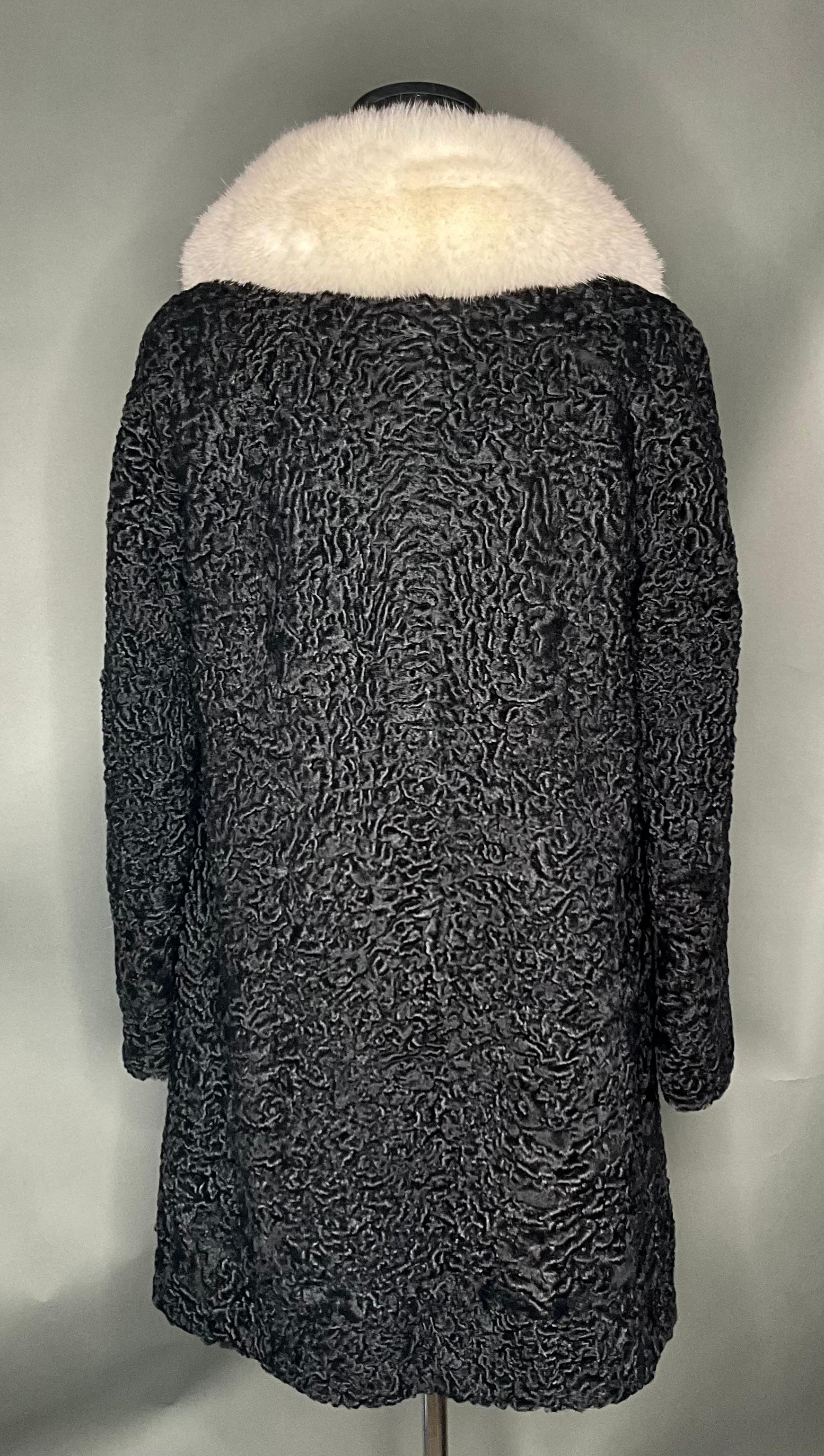 Vintage Black Astrakhan Fur Coat with White Fox Collar In Good Condition For Sale In Lake Worth Beach, FL