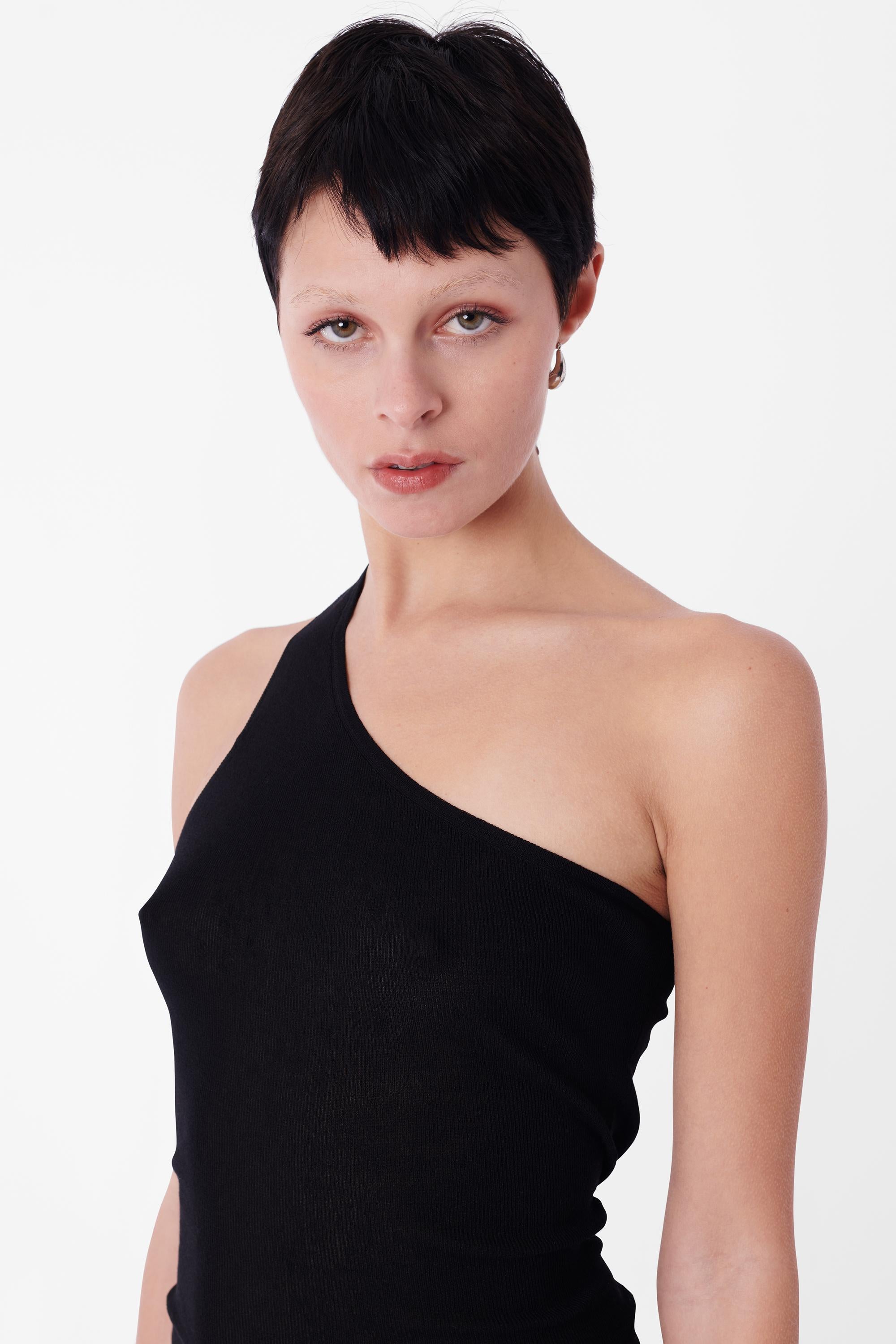 Schwarzes asymmetrisches Seidentop im Vintage-Look Damen im Angebot