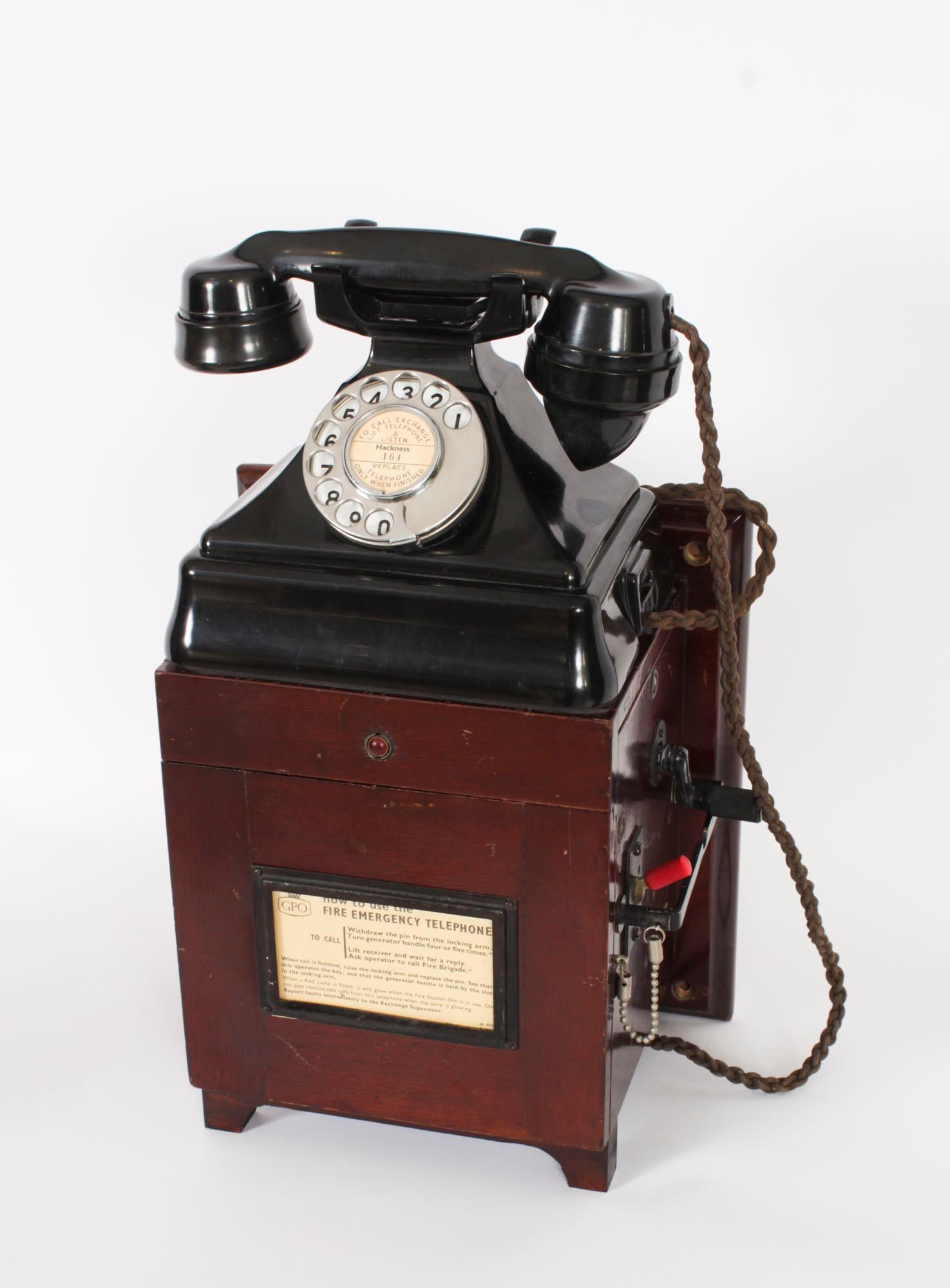 Mid-20th Century Vintage Black Bakelite Rotary Wall Cradle Telephone & Dictograph 1940s For Sale