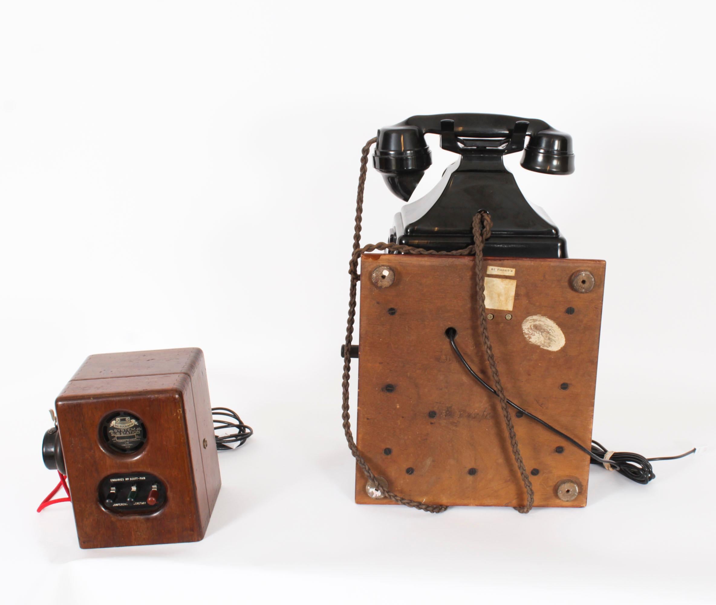 Vintage Black Bakelite Rotary Wall Cradle Telephone & Dictograph 1940s For Sale 1