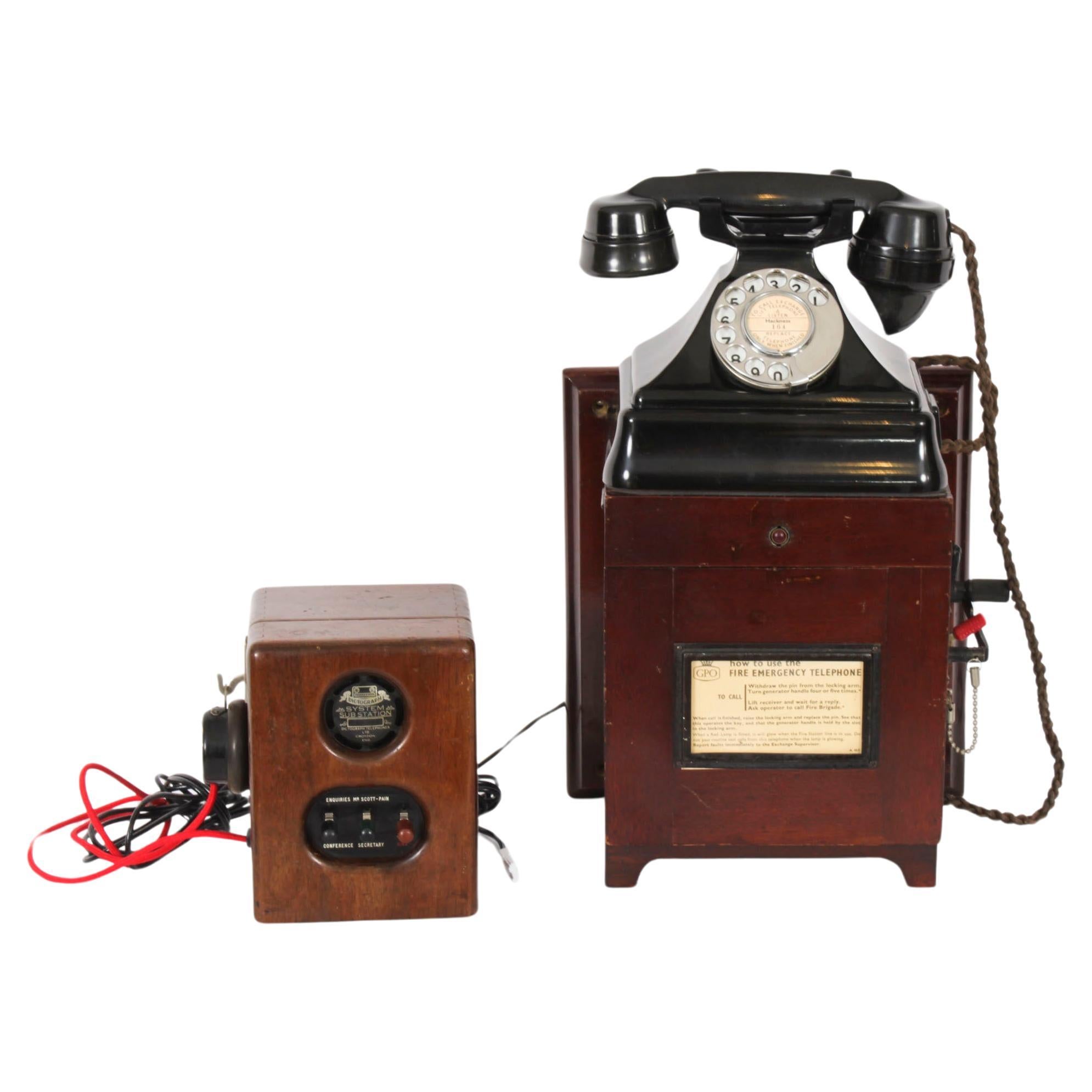 Vintage Black Bakelite Rotary Wall Cradle Telephone & Dictograph 1940s