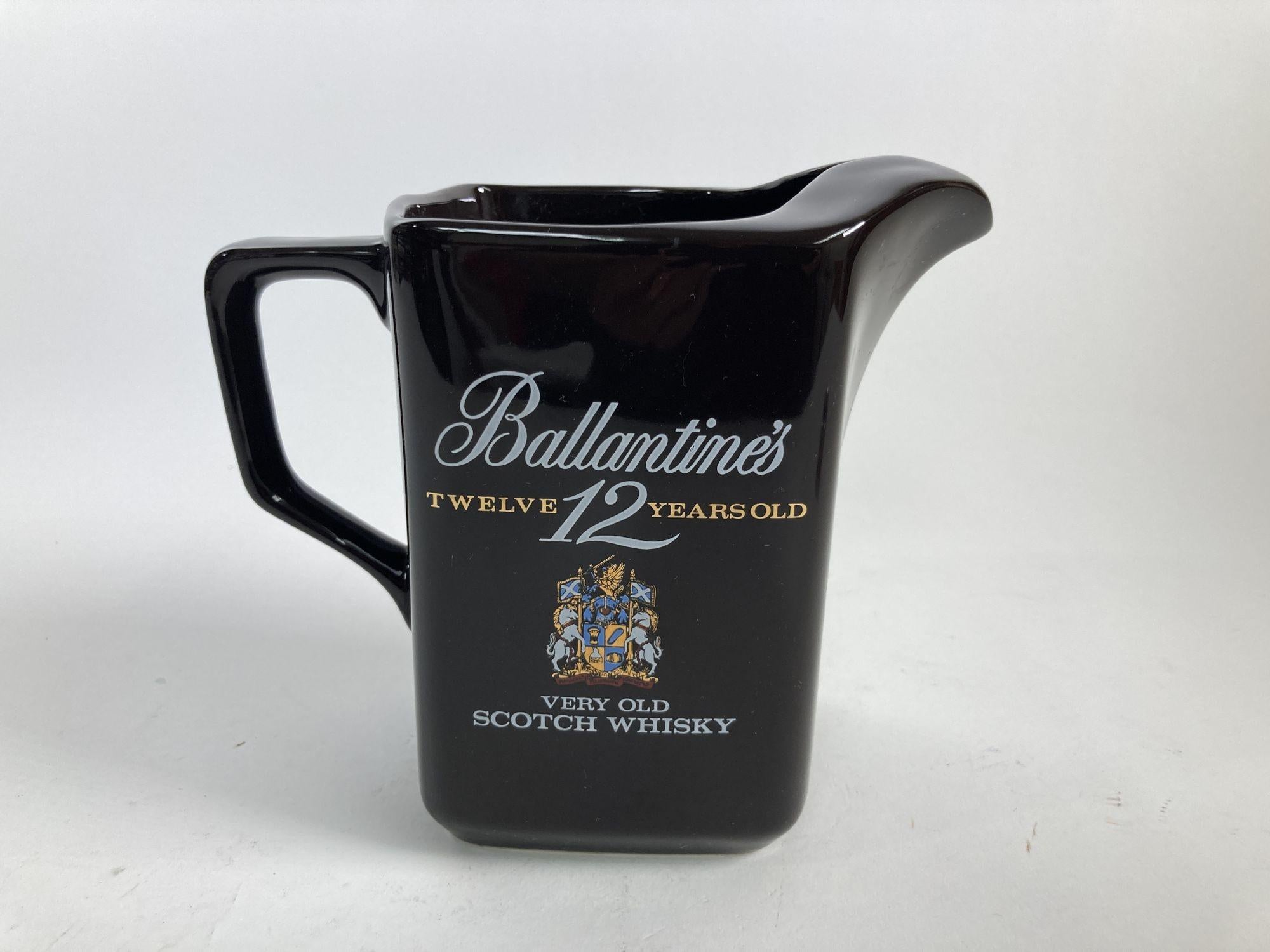 Vintage collectible black ceramic pitcher for Ballantine's 12 years old whisky pub jug bar pitcher.
Vintage Ballantine's advertising pub pitcher, water Jug, ceramic jar, water Jar, scotch whisky.
These collectible ceramic pitchers were used on bar