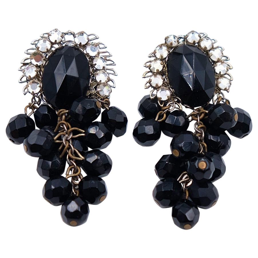 Vintage Black Beads Miriam Haskell Earrings For Sale
