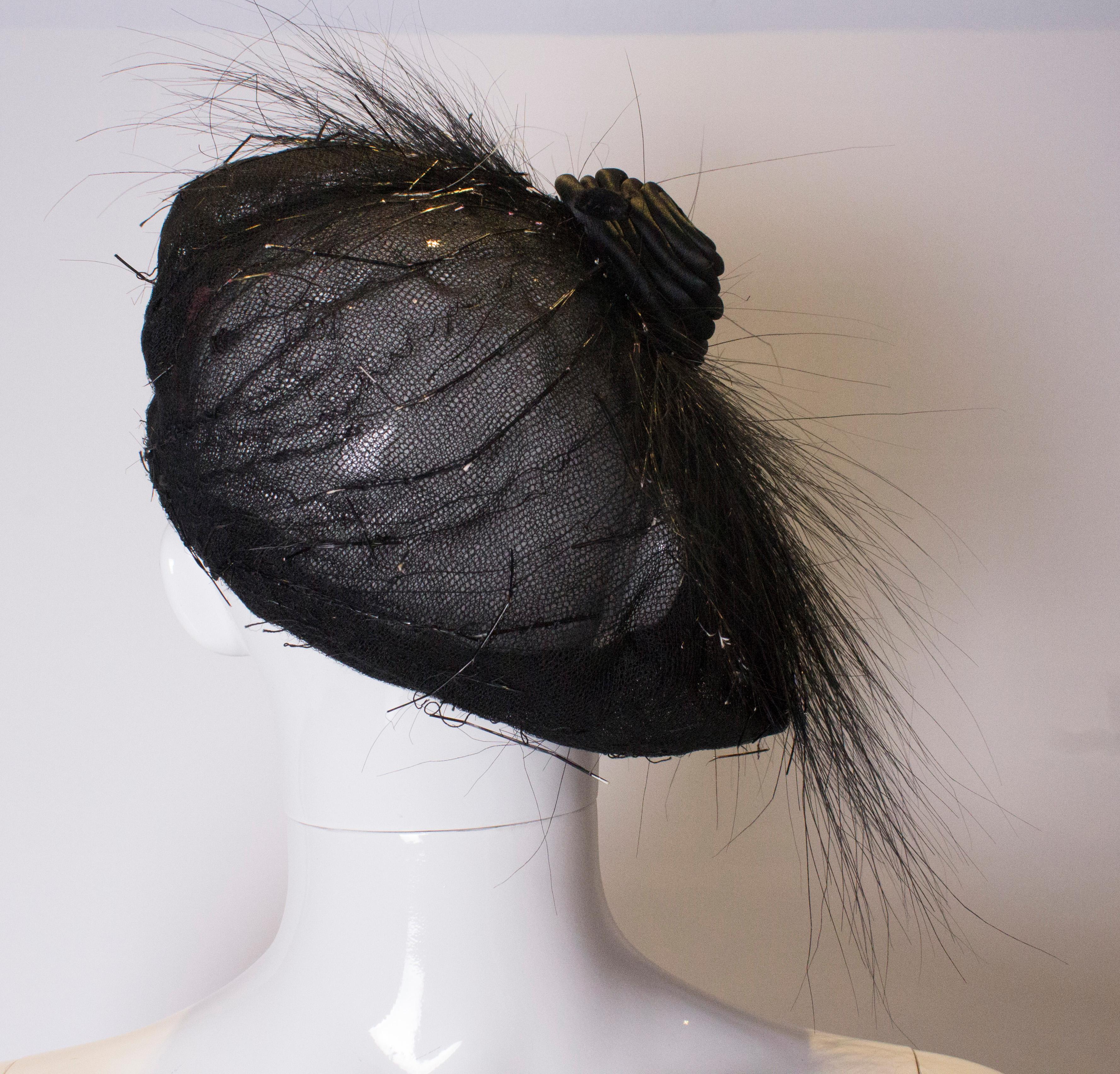 Vintage Black Beret with Satin Swirl and Feather Spikes In Good Condition In London, GB