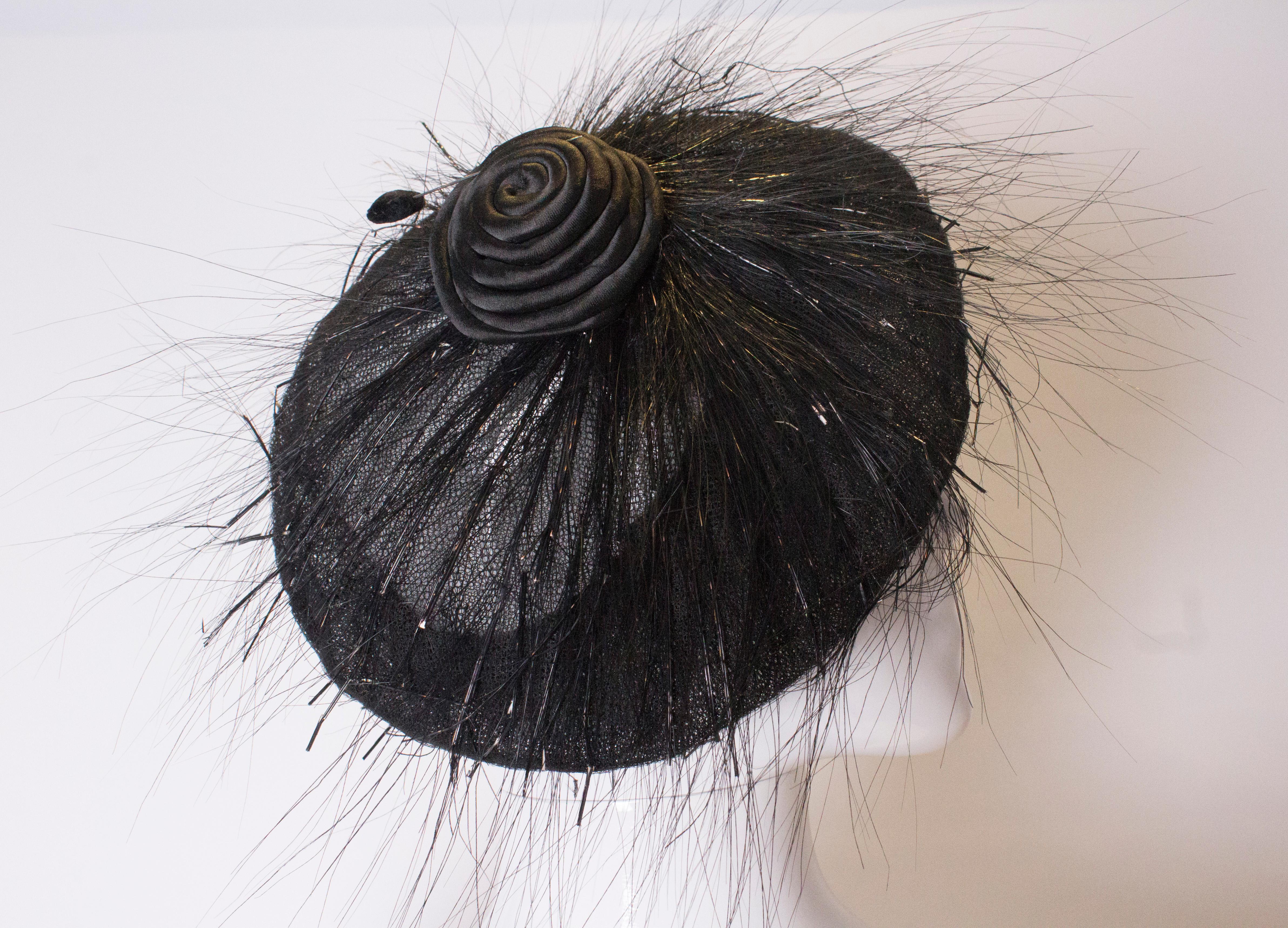 Women's Vintage Black Beret with Satin Swirl and Feather Spikes