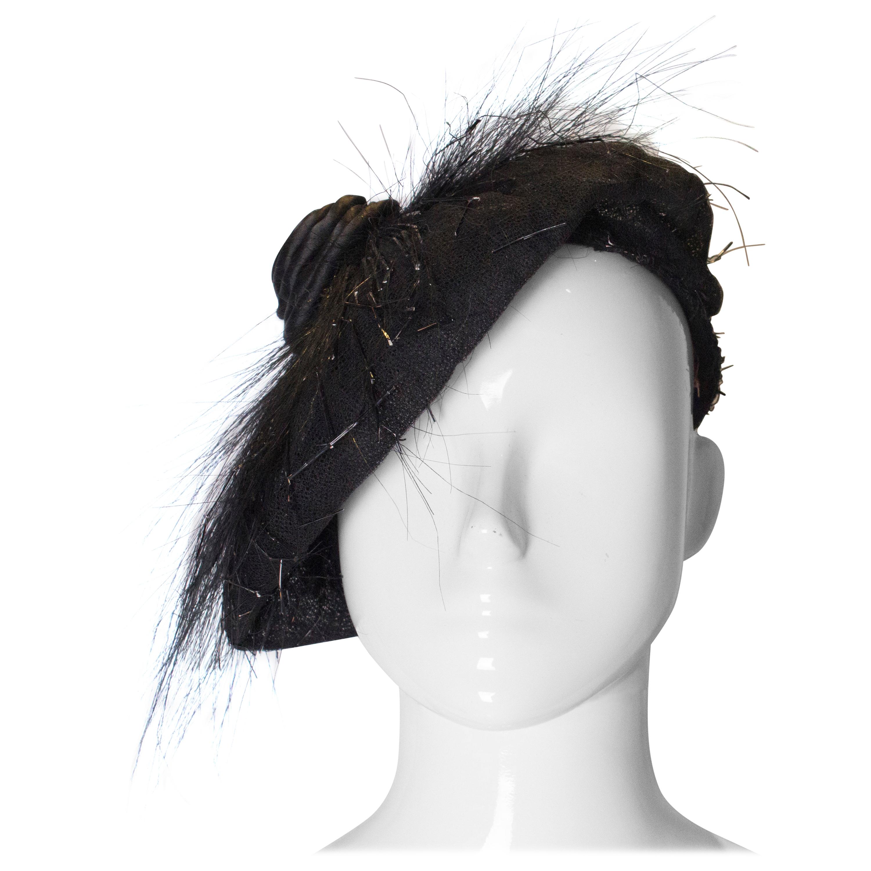 Vintage Black Beret with Satin Swirl and Feather Spikes