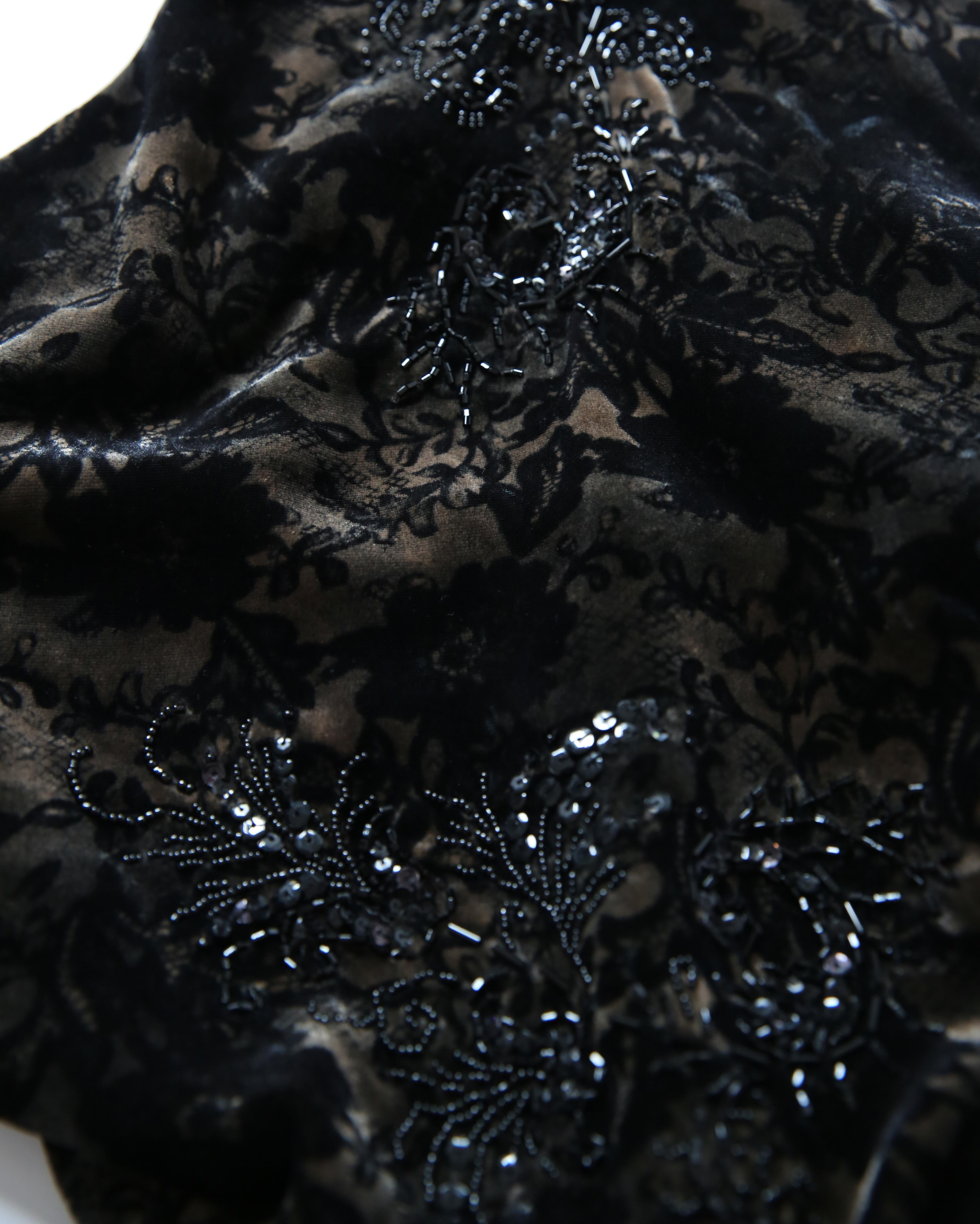 Vintage black brown floral velvet beaded backless bias slip dress gown M - L For Sale 8