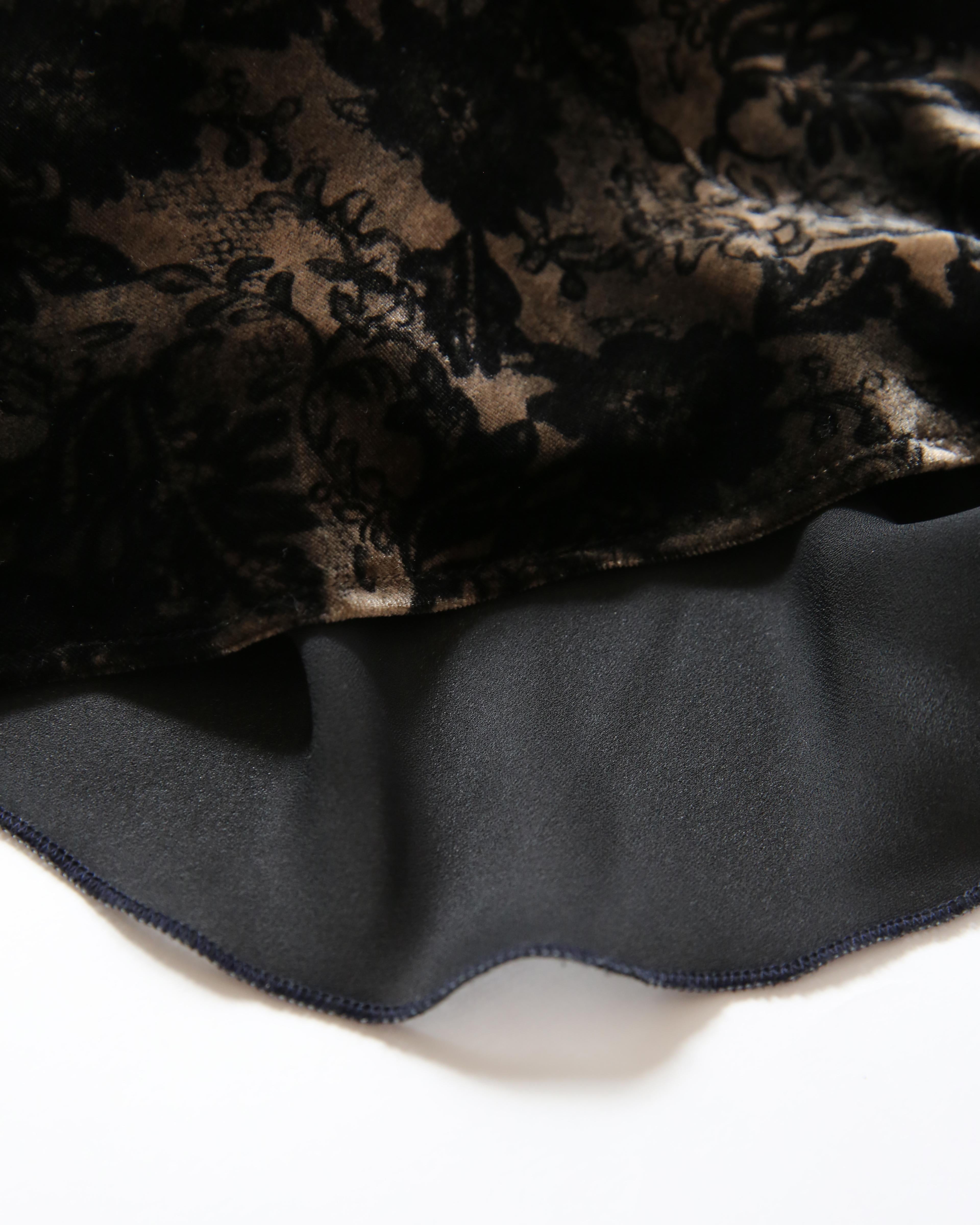 Vintage black brown floral velvet beaded backless bias slip dress gown M - L For Sale 8
