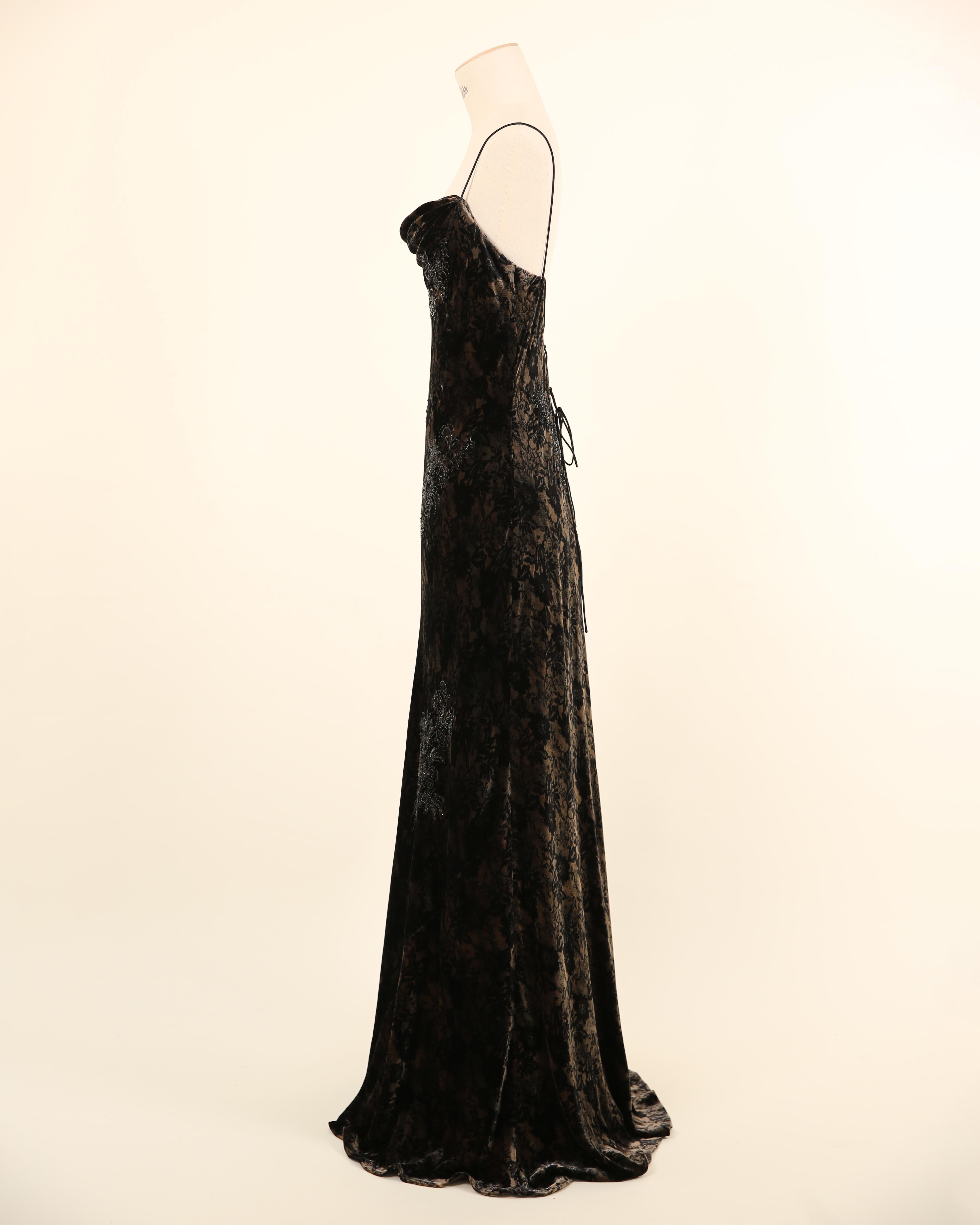 Vintage black brown floral velvet beaded backless bias slip dress gown M - L For Sale 2
