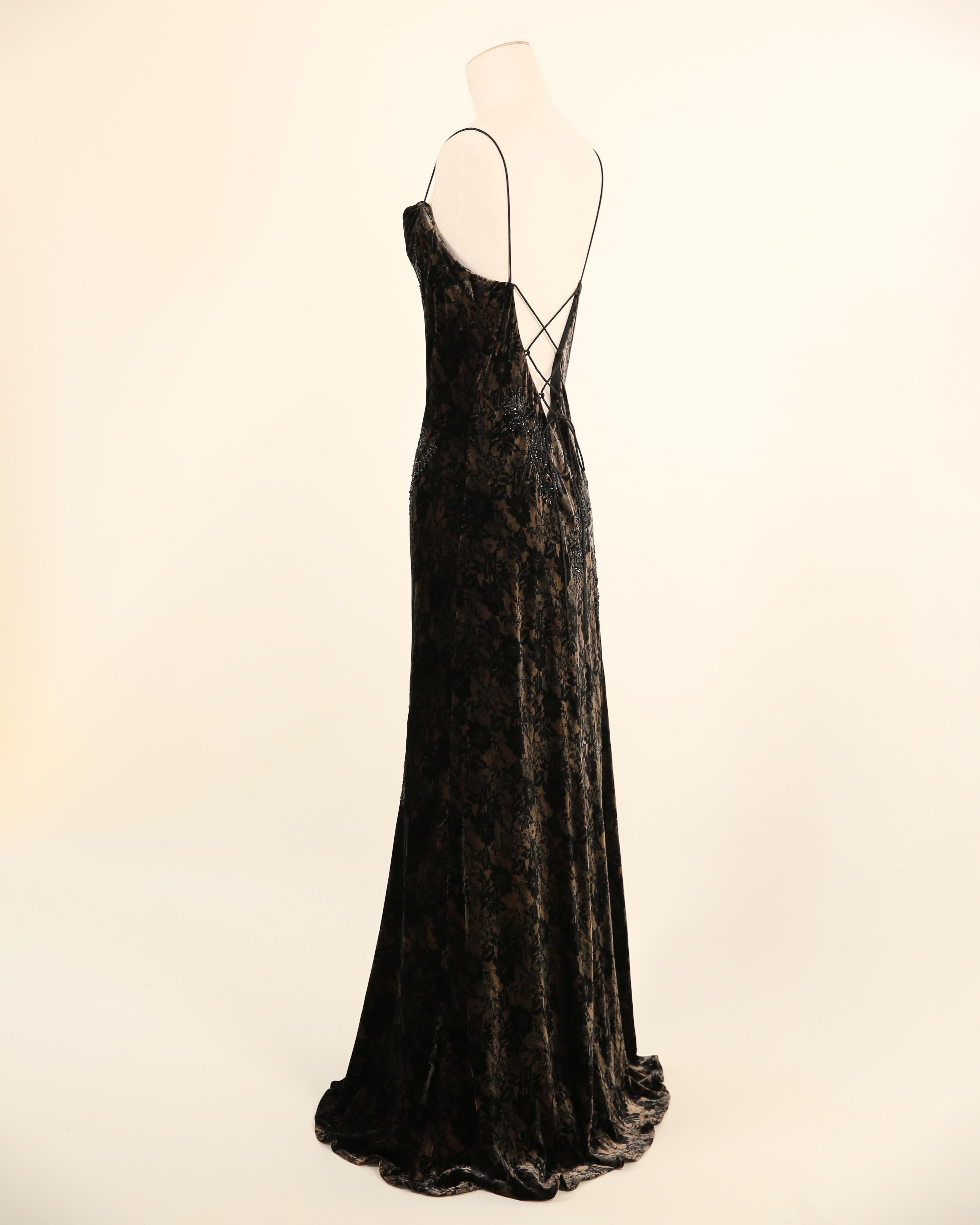 Vintage black brown floral velvet beaded backless bias slip dress gown M - L For Sale 2