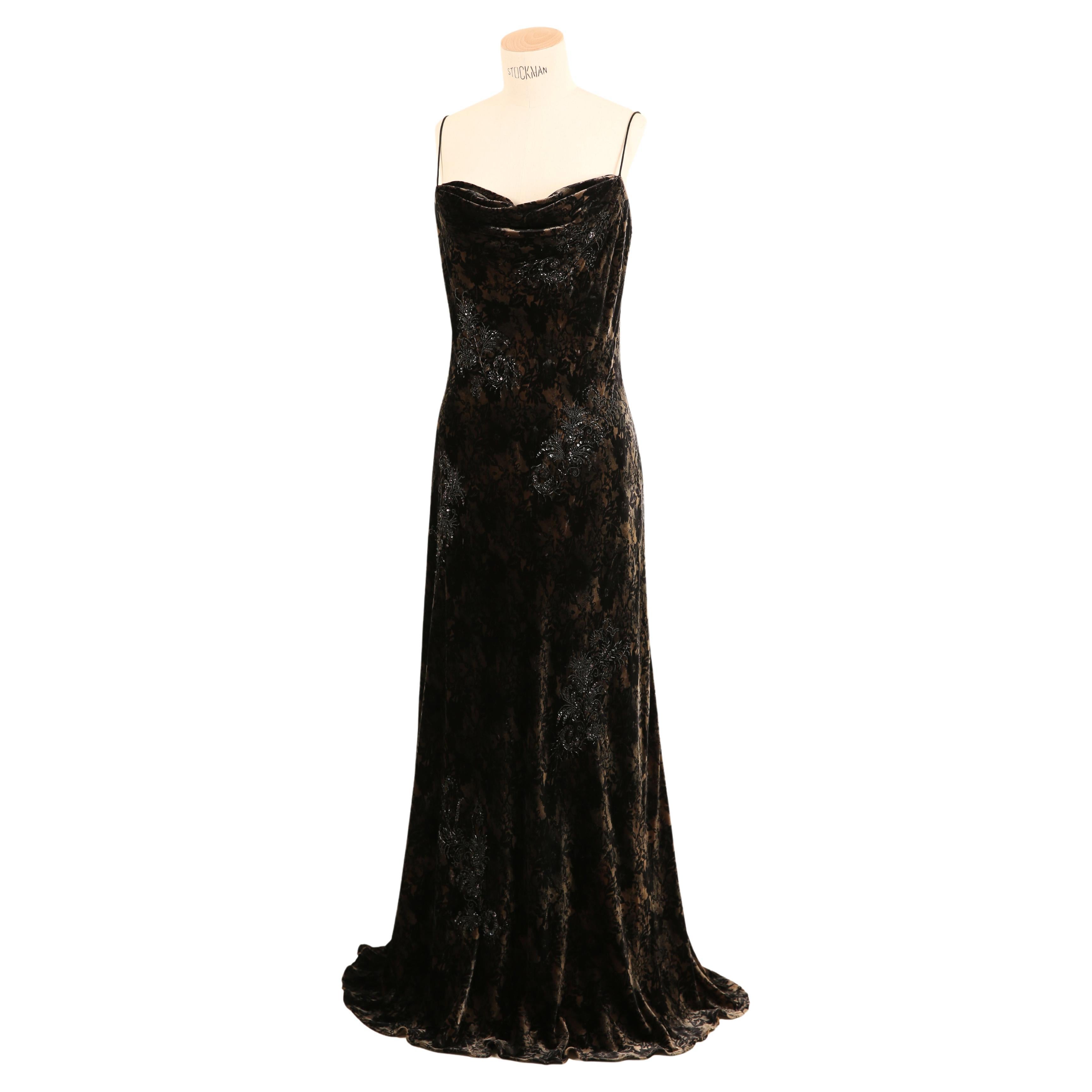 Vintage black brown floral velvet beaded backless bias slip dress gown M - L For Sale