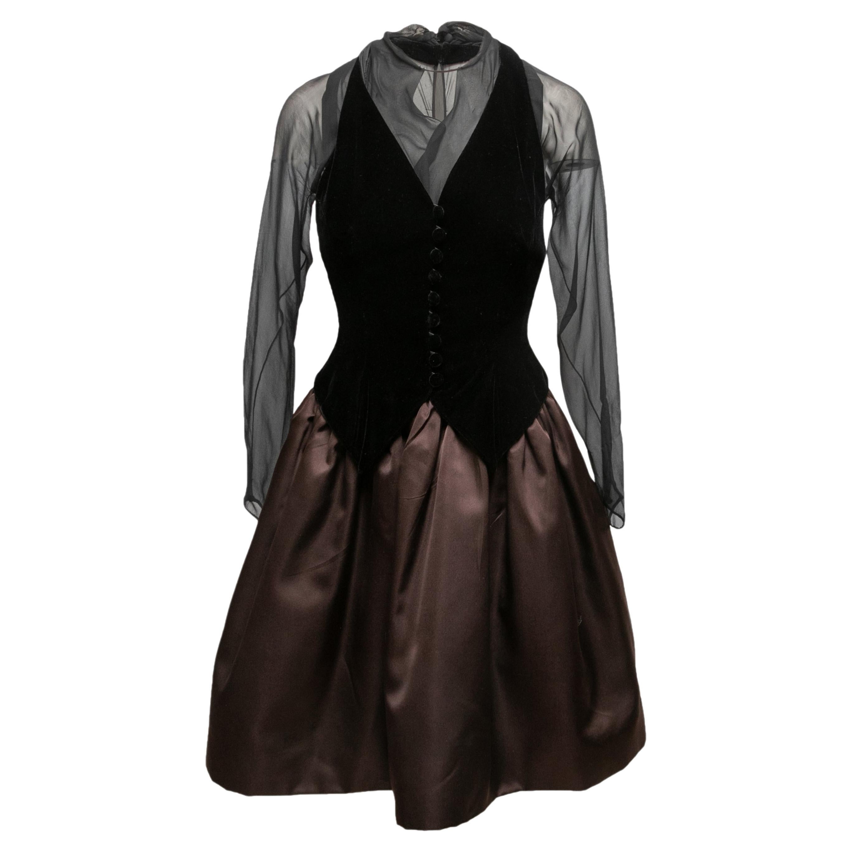 Vintage Black & Brown Oscar de la Renta Cocktail Dress Size US 8 For Sale