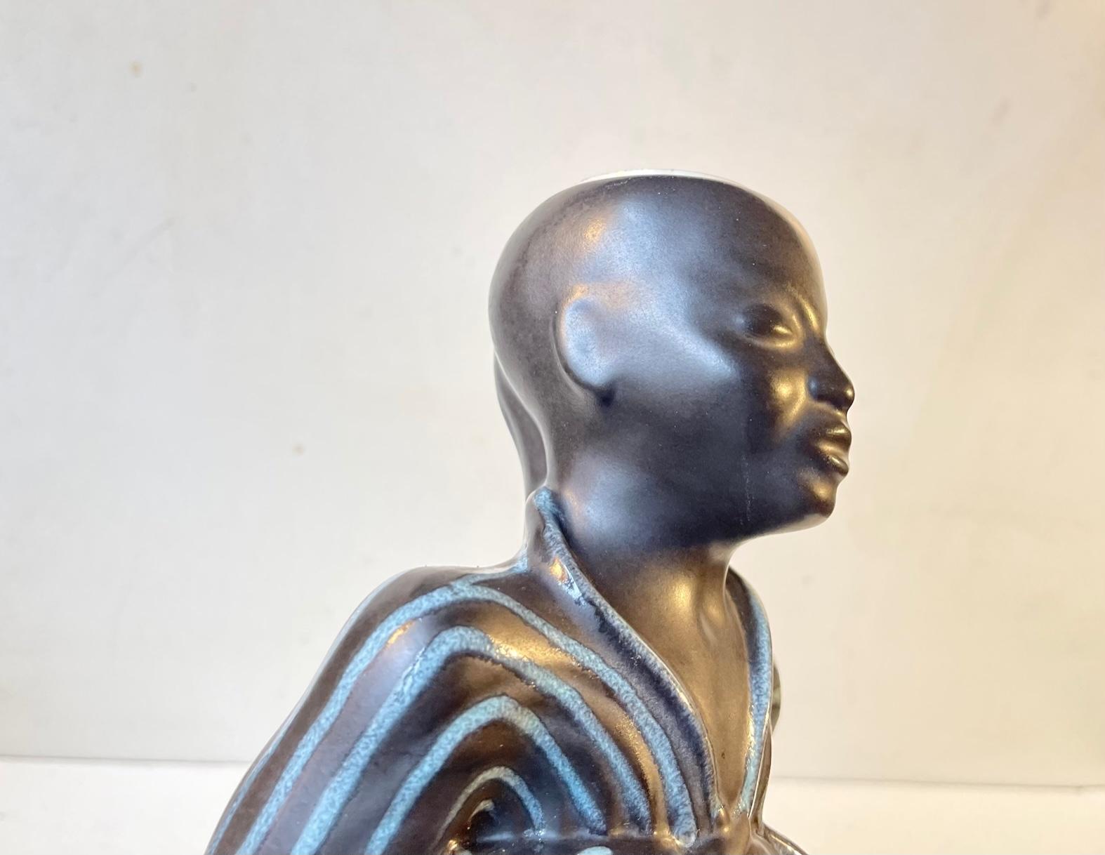 Ceramic Vintage Black Buddha Table Lamp with Pastel Glazes by Søholm, Danish 1960s For Sale