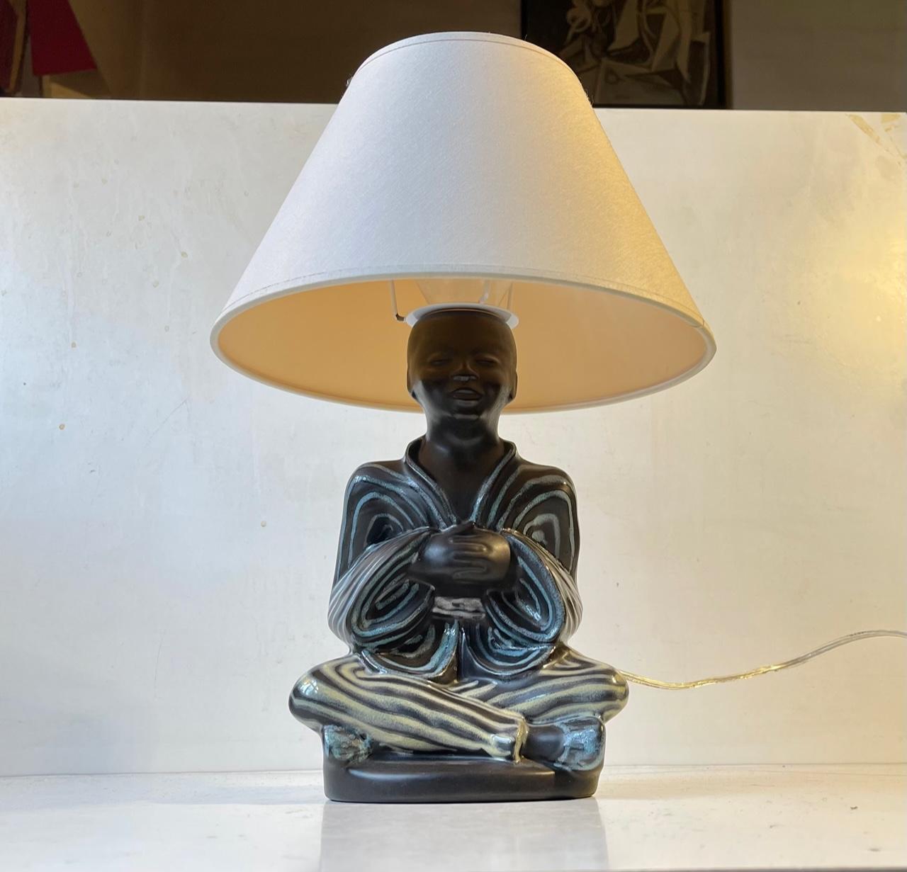 Vintage Black Buddha Table Lamp with Pastel Glazes by Søholm, Danish 1960s For Sale 4