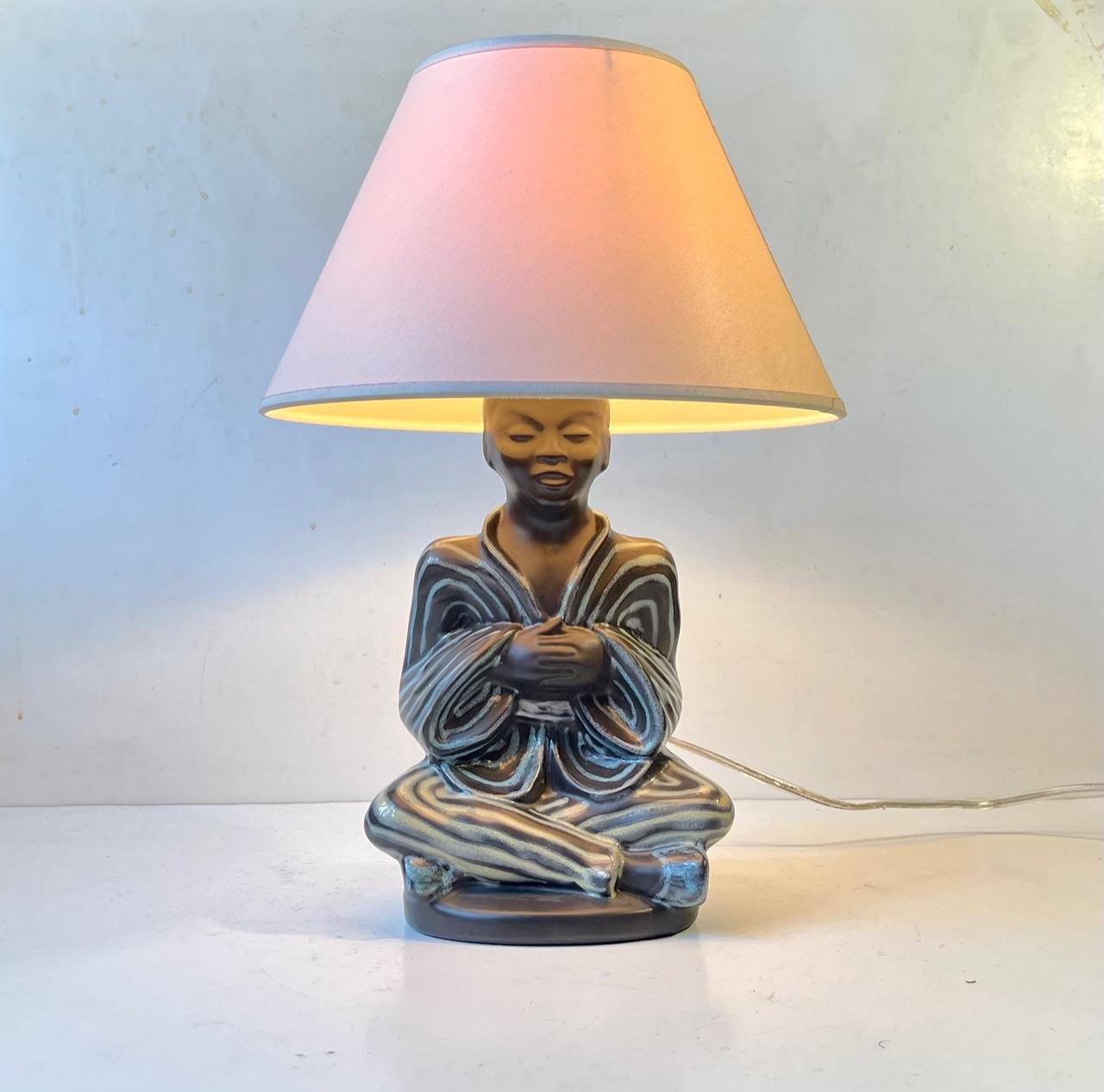 Vintage Black Buddha Table Lamp with Pastel Glazes by Søholm, Danish 1960s For Sale 4