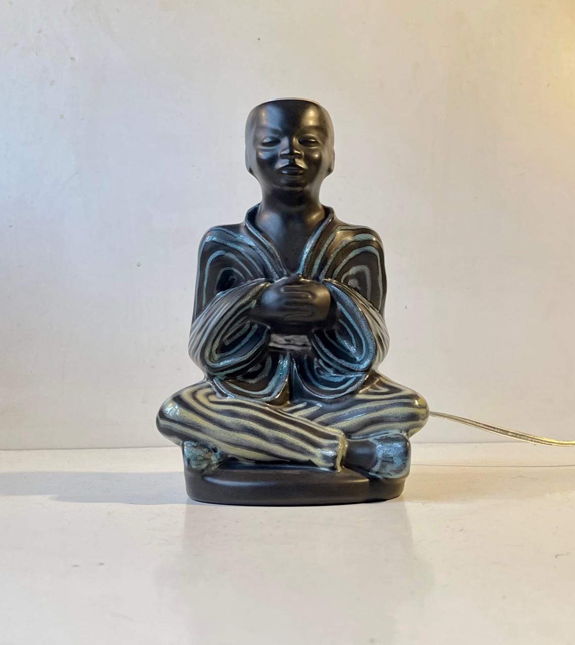 Glazed Vintage Black Buddha Table Lamp with Pastel Glazes by Søholm, Danish 1960s For Sale
