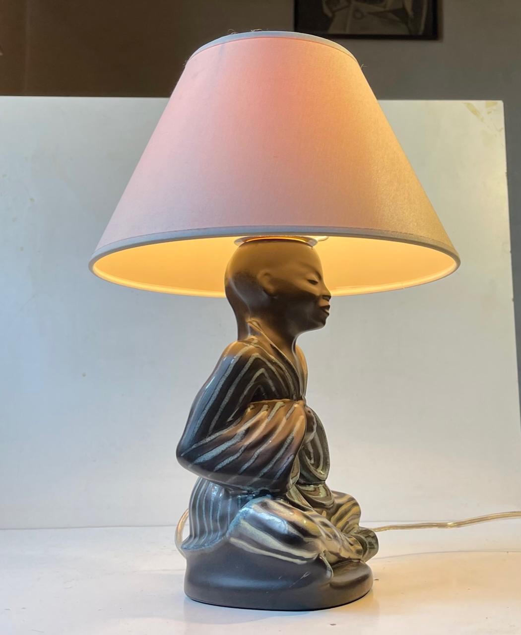 Mid-20th Century Vintage Black Buddha Table Lamp with Pastel Glazes by Søholm, Danish 1960s For Sale