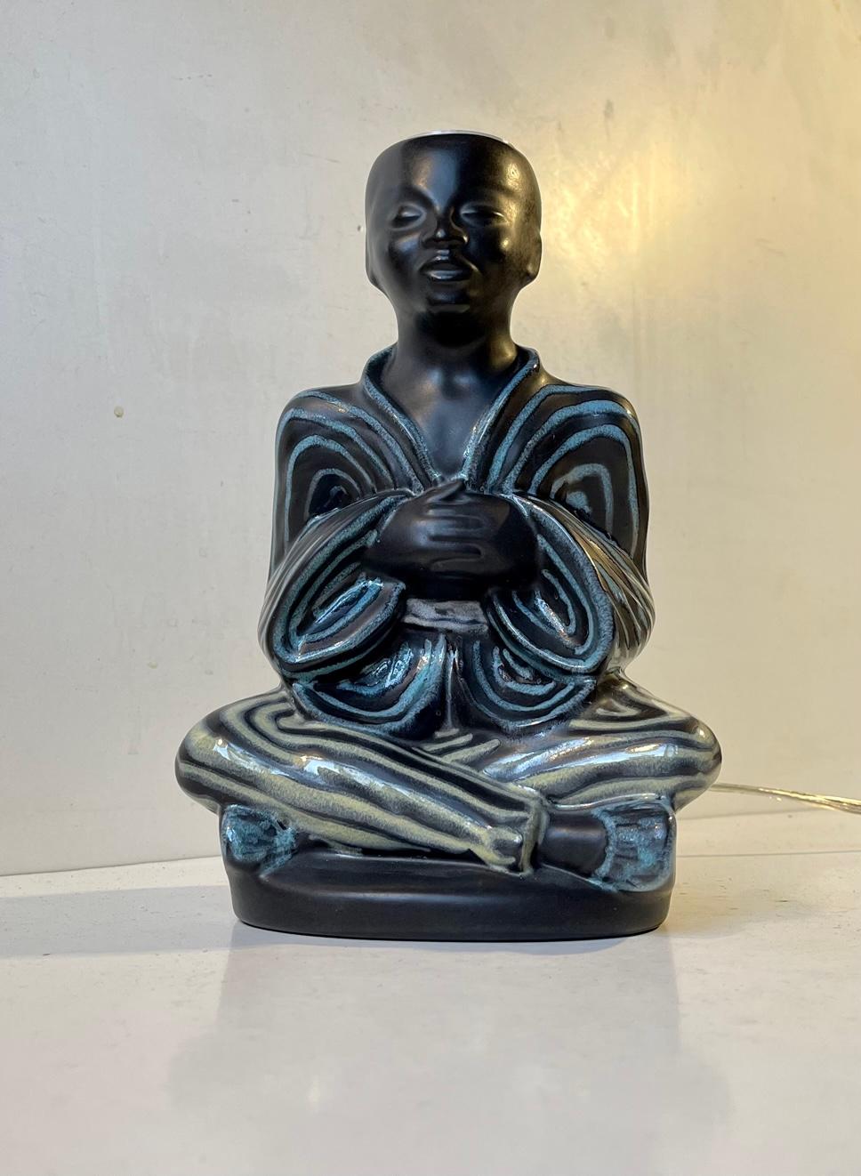 Mid-20th Century Vintage Black Buddha Table Lamp with Pastel Glazes by Søholm, Danish 1960s For Sale