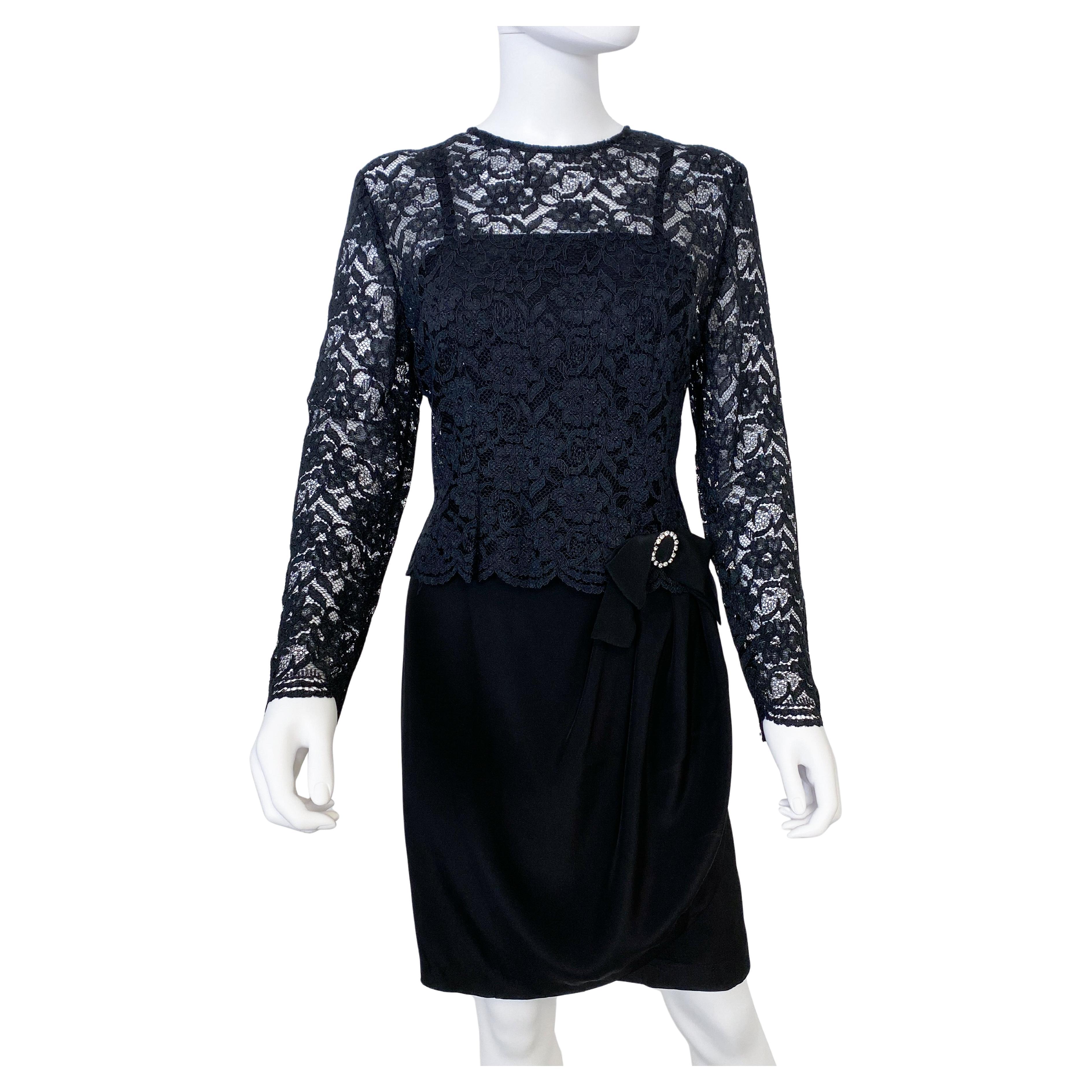 Vintage Black Bustier Evening Dress with Semi Sheer Lace Blouse Size 8 For Sale
