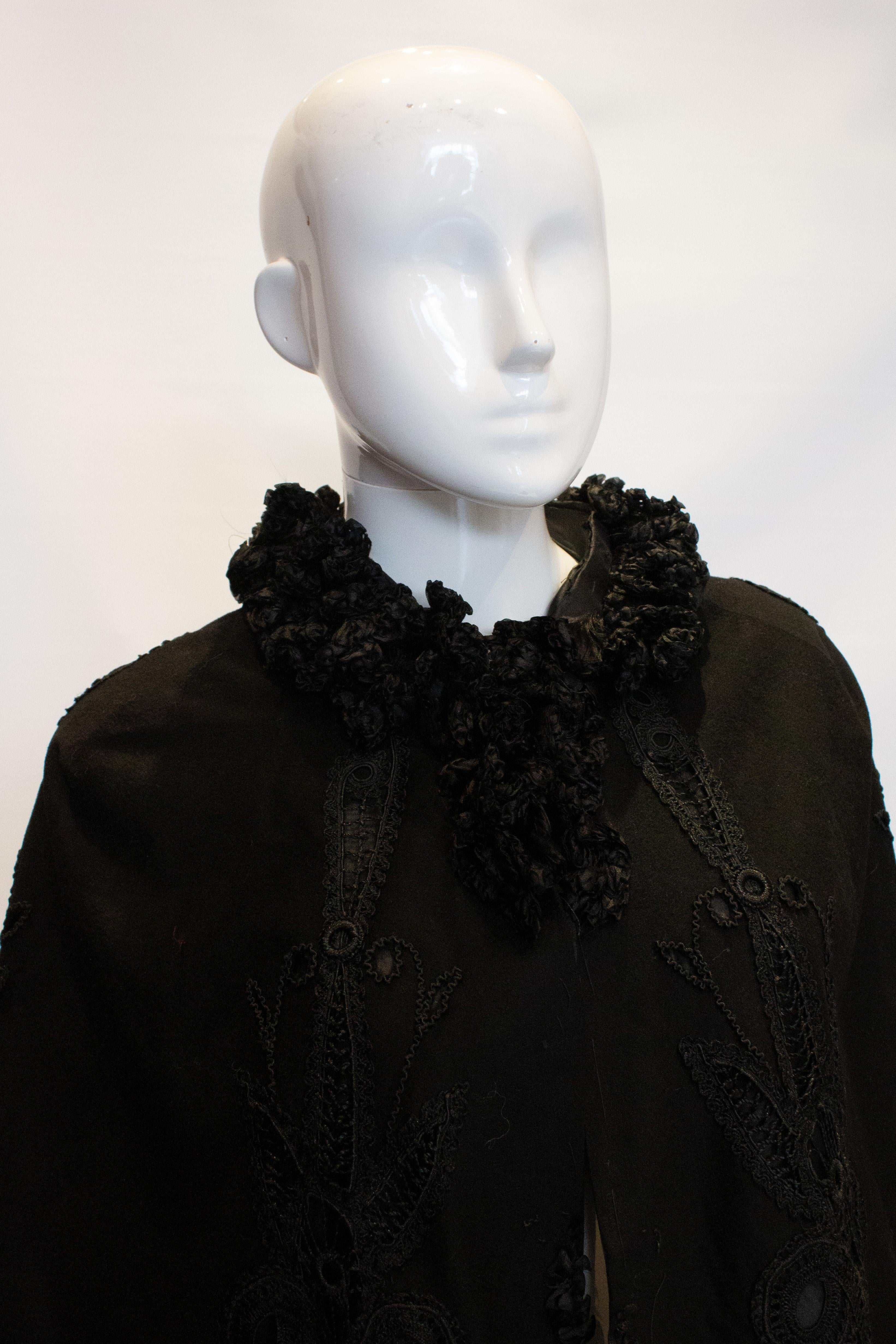 Women's Vintage Black Cape with Embroidery Detail For Sale