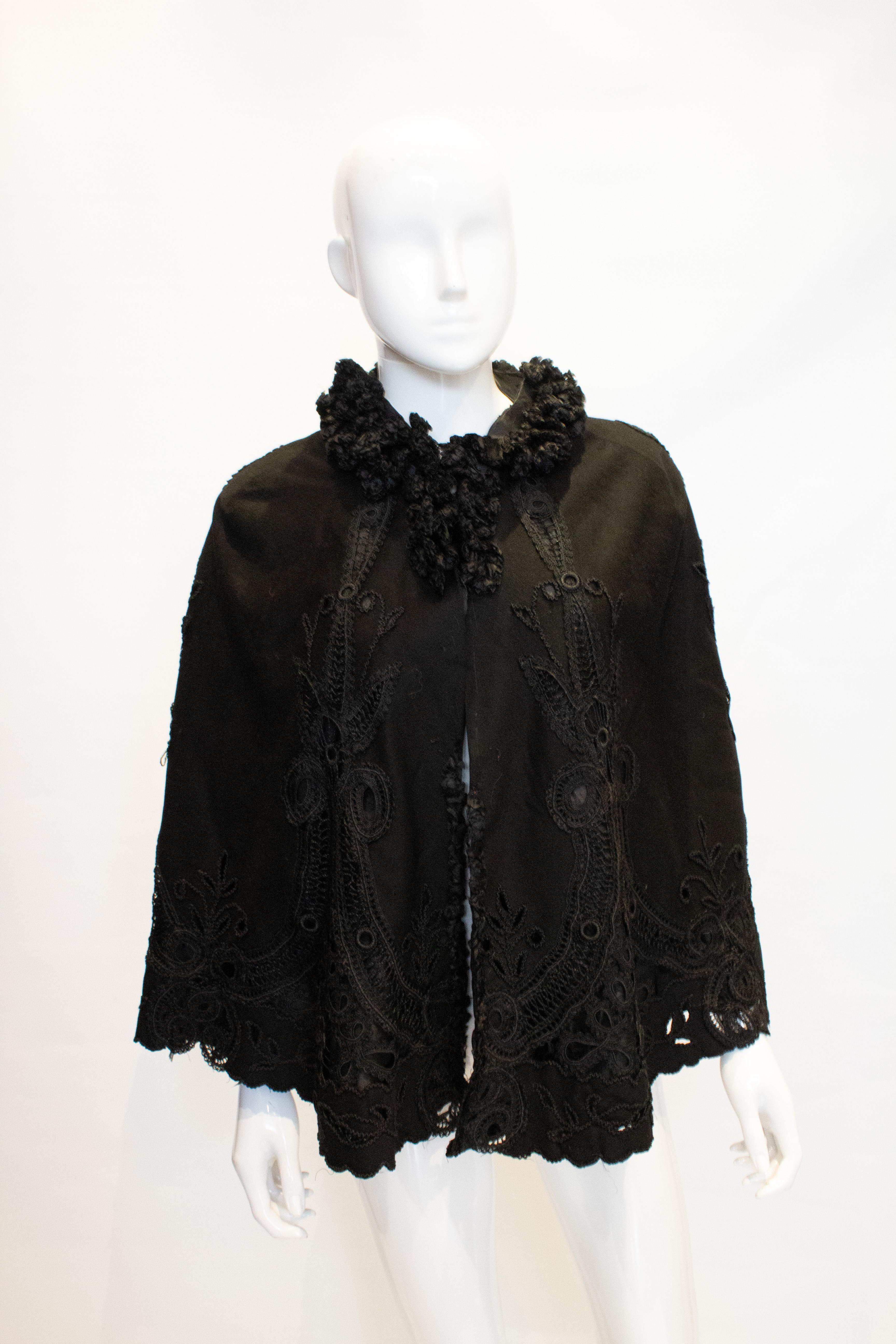 Vintage Black Cape with Embroidery Detail For Sale 1