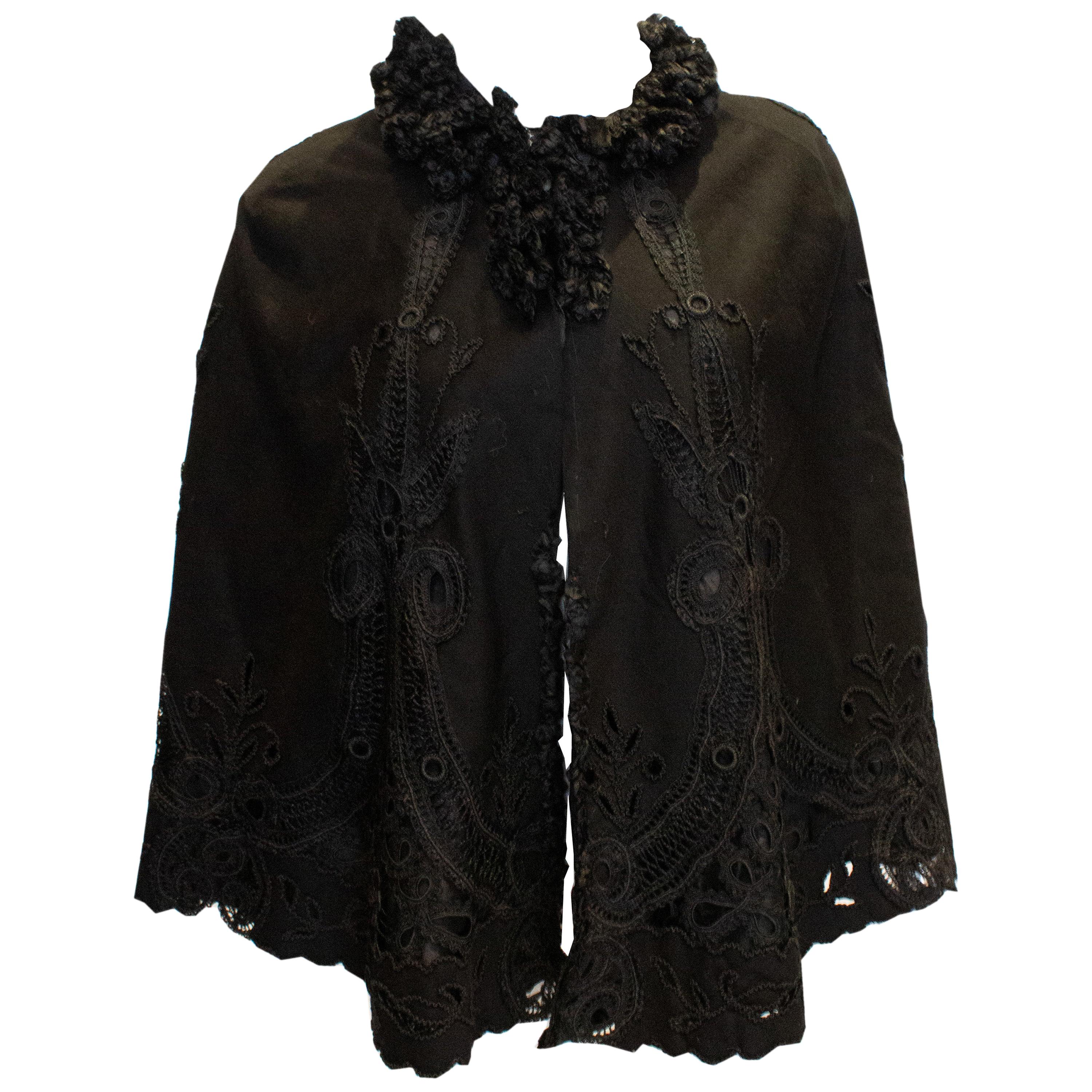 Vintage Black Cape with Embroidery Detail For Sale