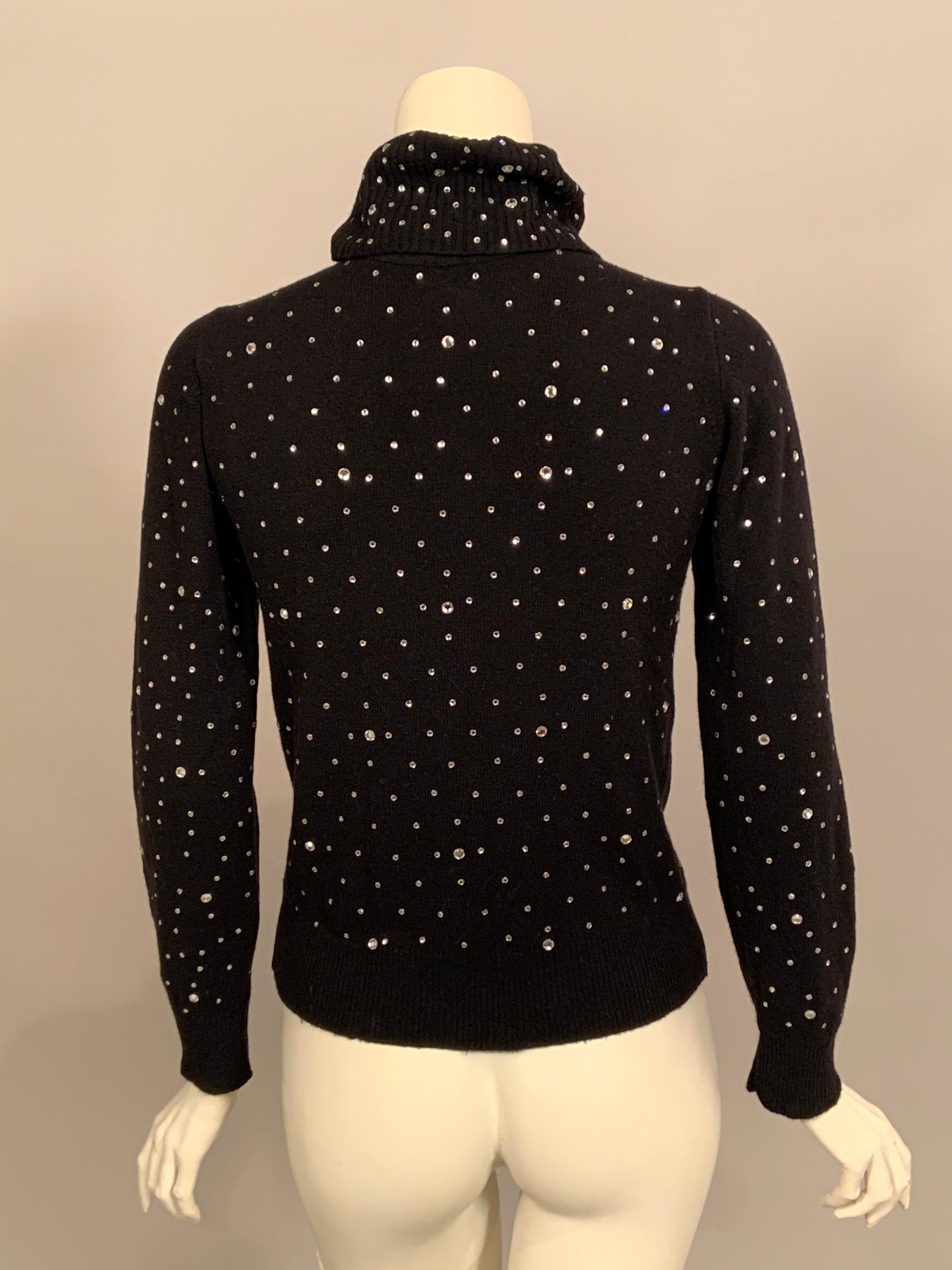 Women's Vintage Black Cashmere Turtleneck Sweater Sparkling with Rhinestone Decoration