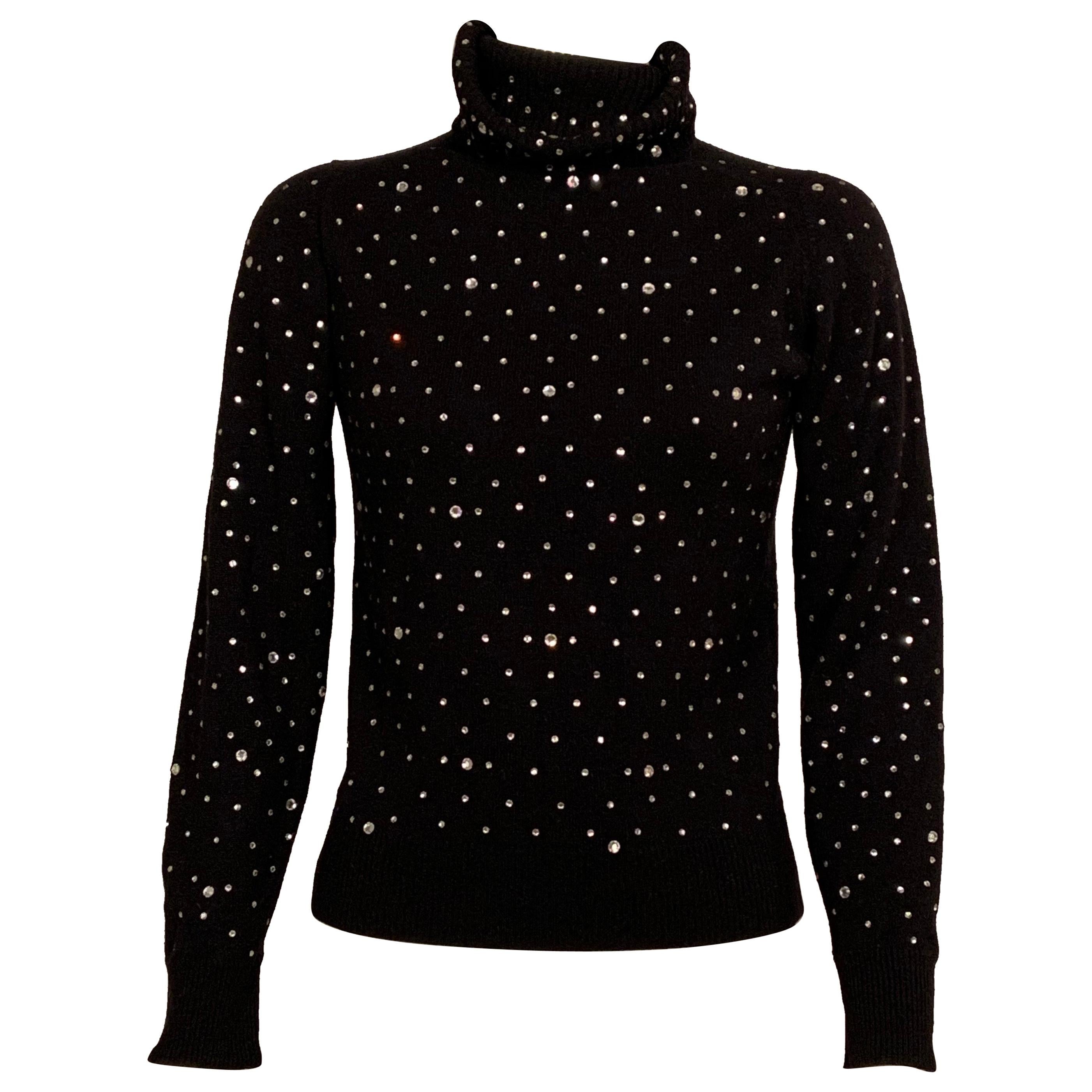 Vintage Black Cashmere Turtleneck Sweater Sparkling with Rhinestone Decoration