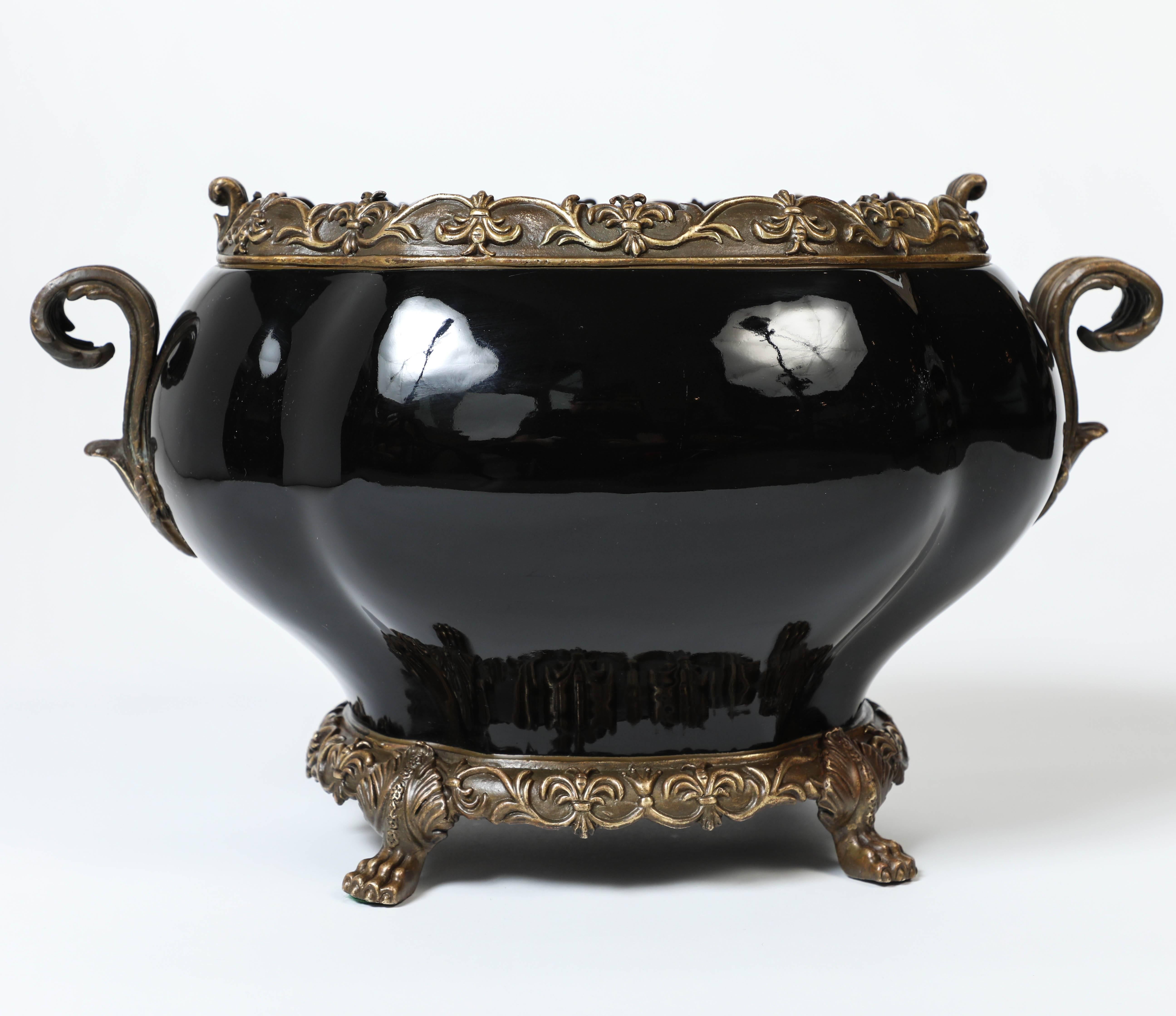 Vintage black high gloss ceramic and brass claw-footed compote / tureen.