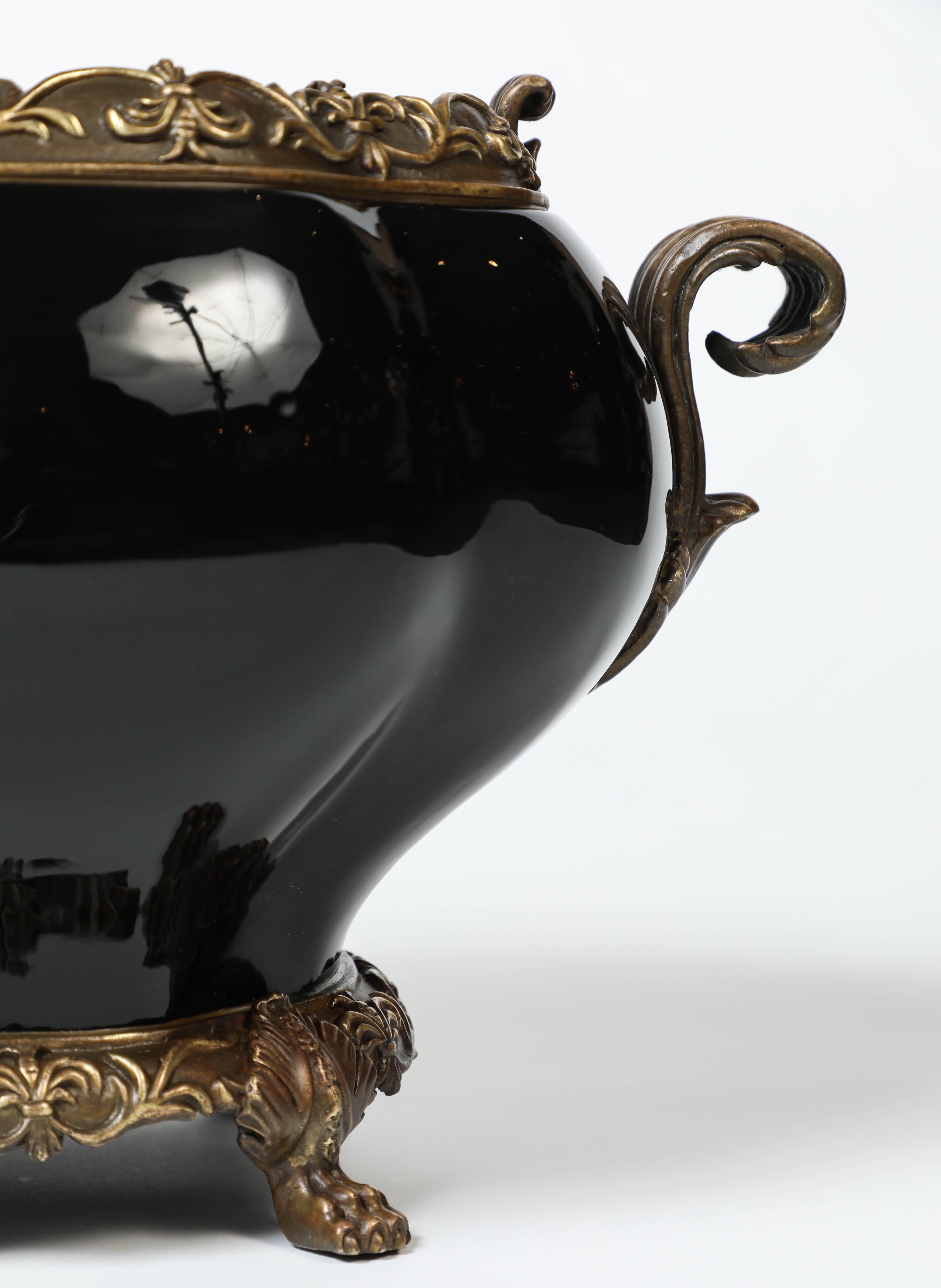 Brass Vintage Black Ceramic and Claw-Footed Compote / Tureen