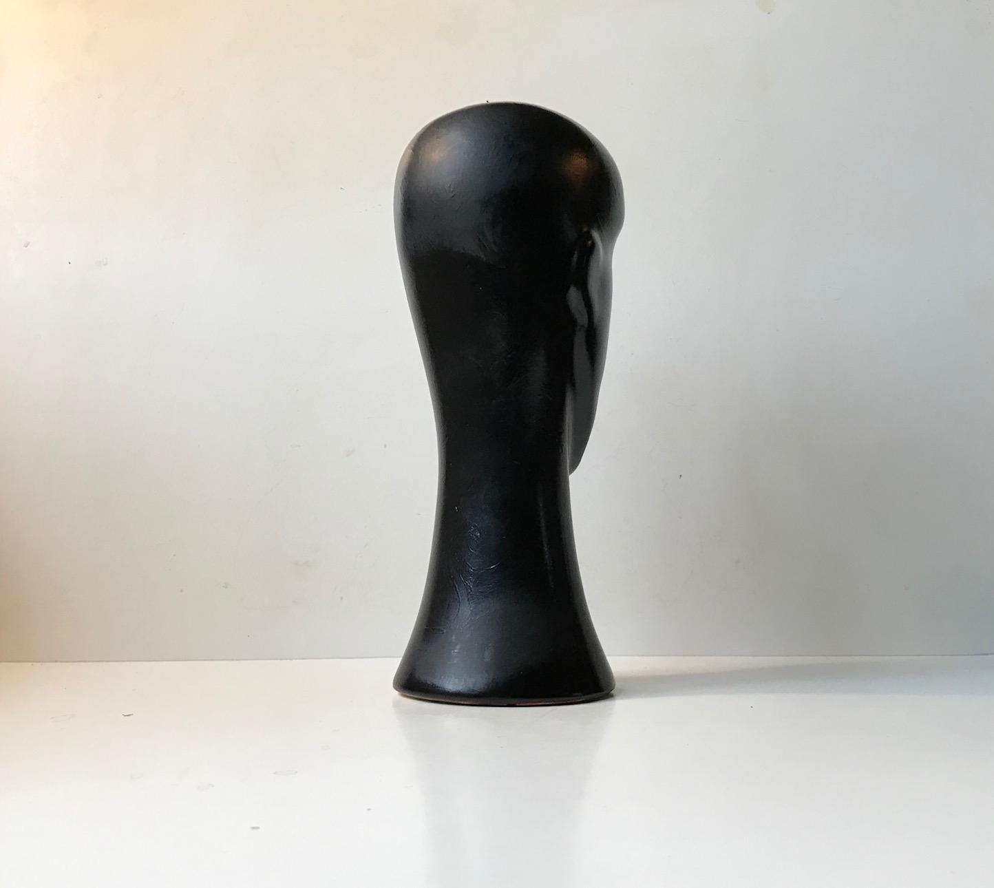 Modern Vintage Black Ceramic Head Bust Inspired by Amedeo Modigliani, 1980s