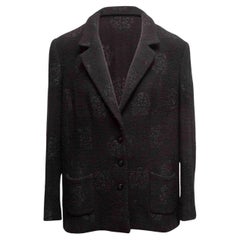 Vintage Black Chanel 2003 Wool Camellia Patterned Blazer Size FR 48