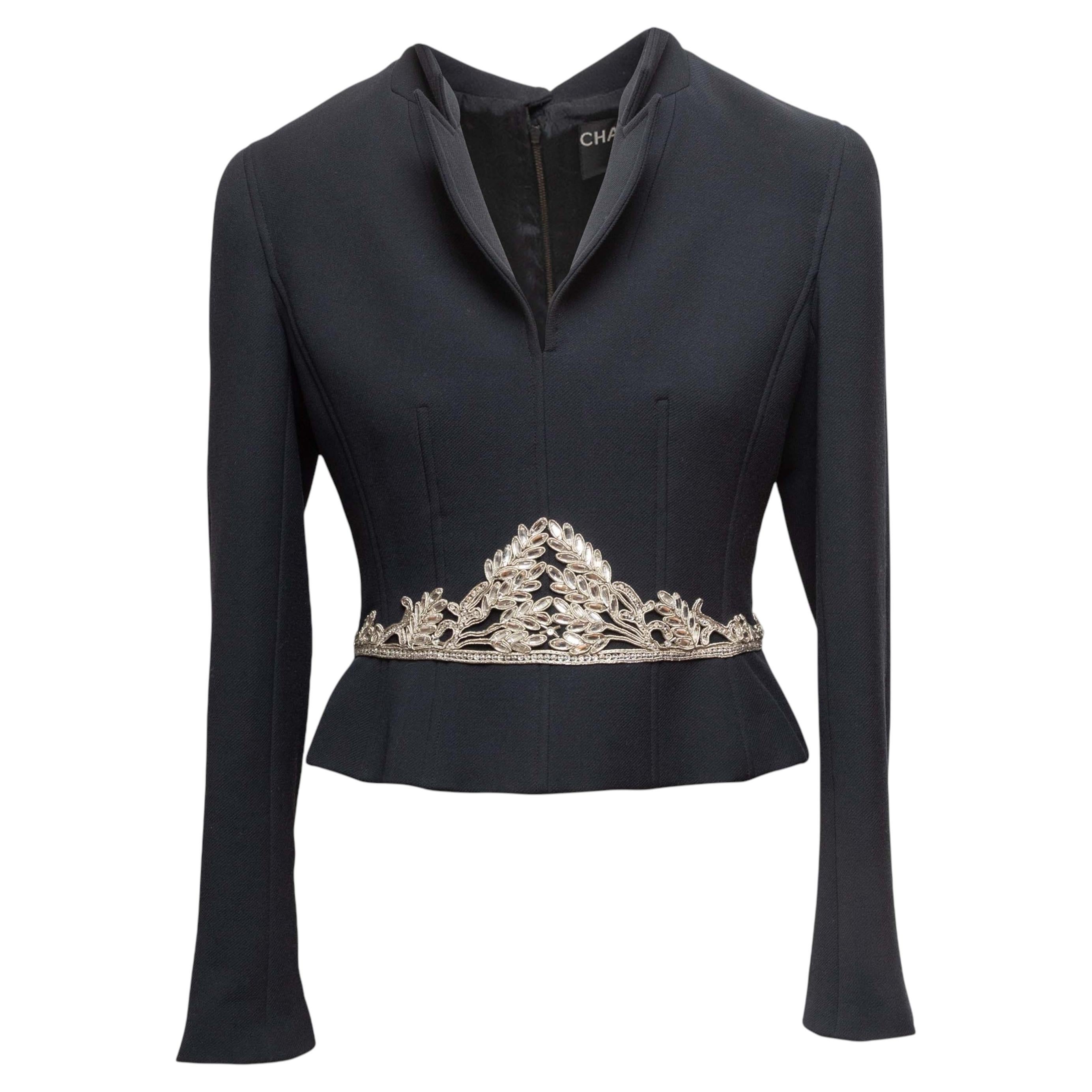 Vintage Black Chanel Embellished Wool Blazer Top Size FR 42 For Sale