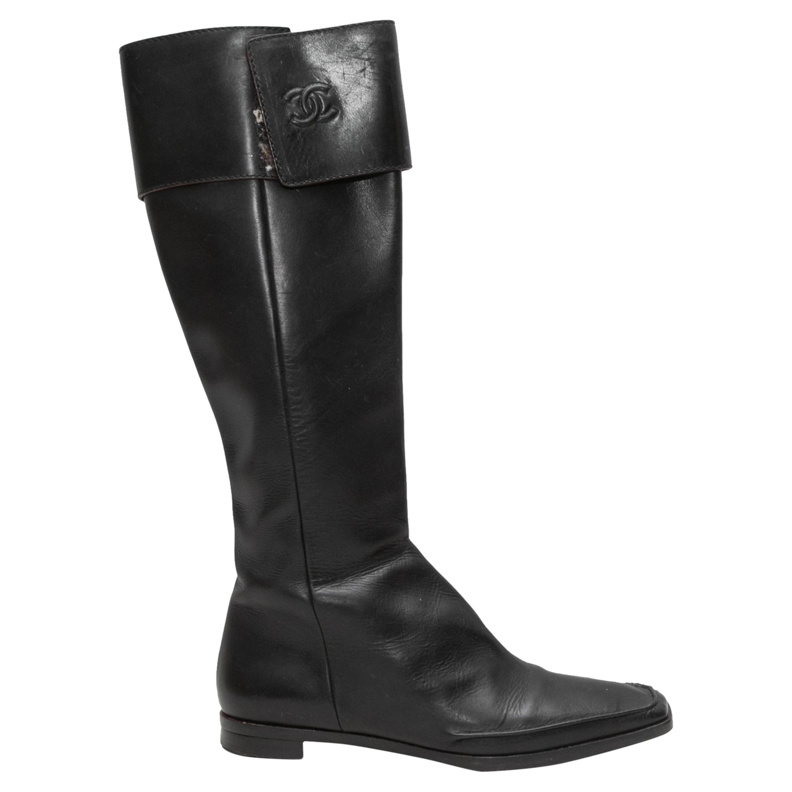 Vintage By Chanel Nero Stivali al ginocchio con punta quadrata in pelle taglia 38