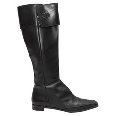 Vintage Black Chanel Knee-High Square-Toe Leather Boots Size 38