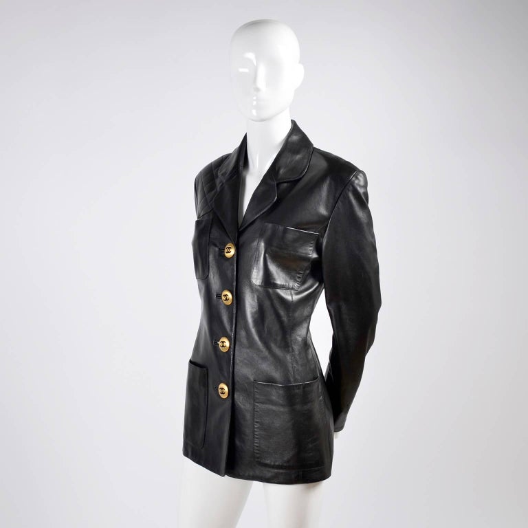 Chanel Vintage Black Leather Jacket With Quilting and CC Logo Brass Buttons