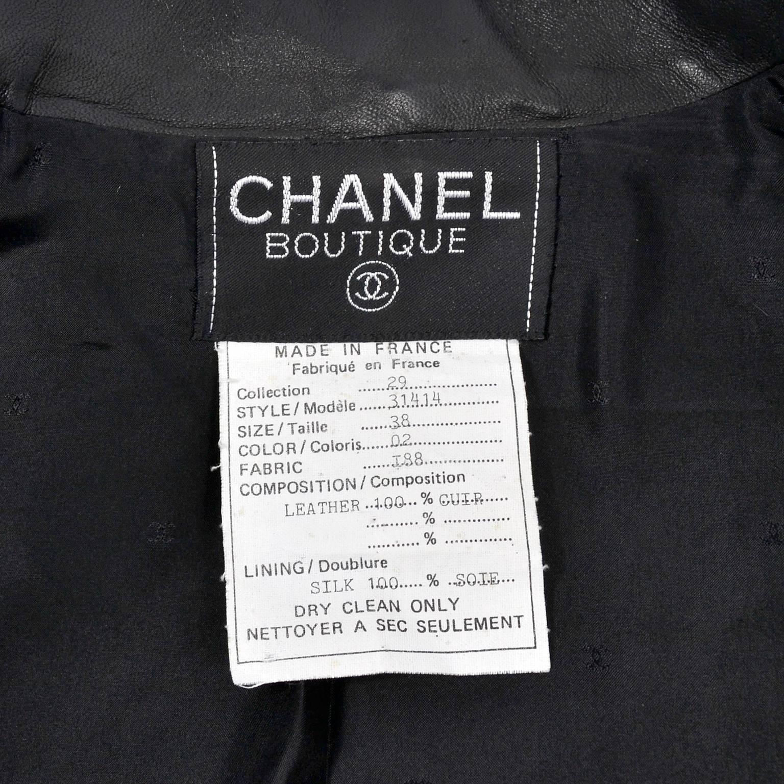 Chanel Vintage Black Leather Jacket With Quilting and CC Logo Brass Buttons  7