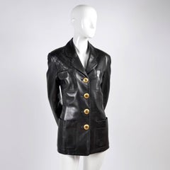 Chanel Vintage Black Leather Jacket With Quilting and CC Logo Brass Buttons