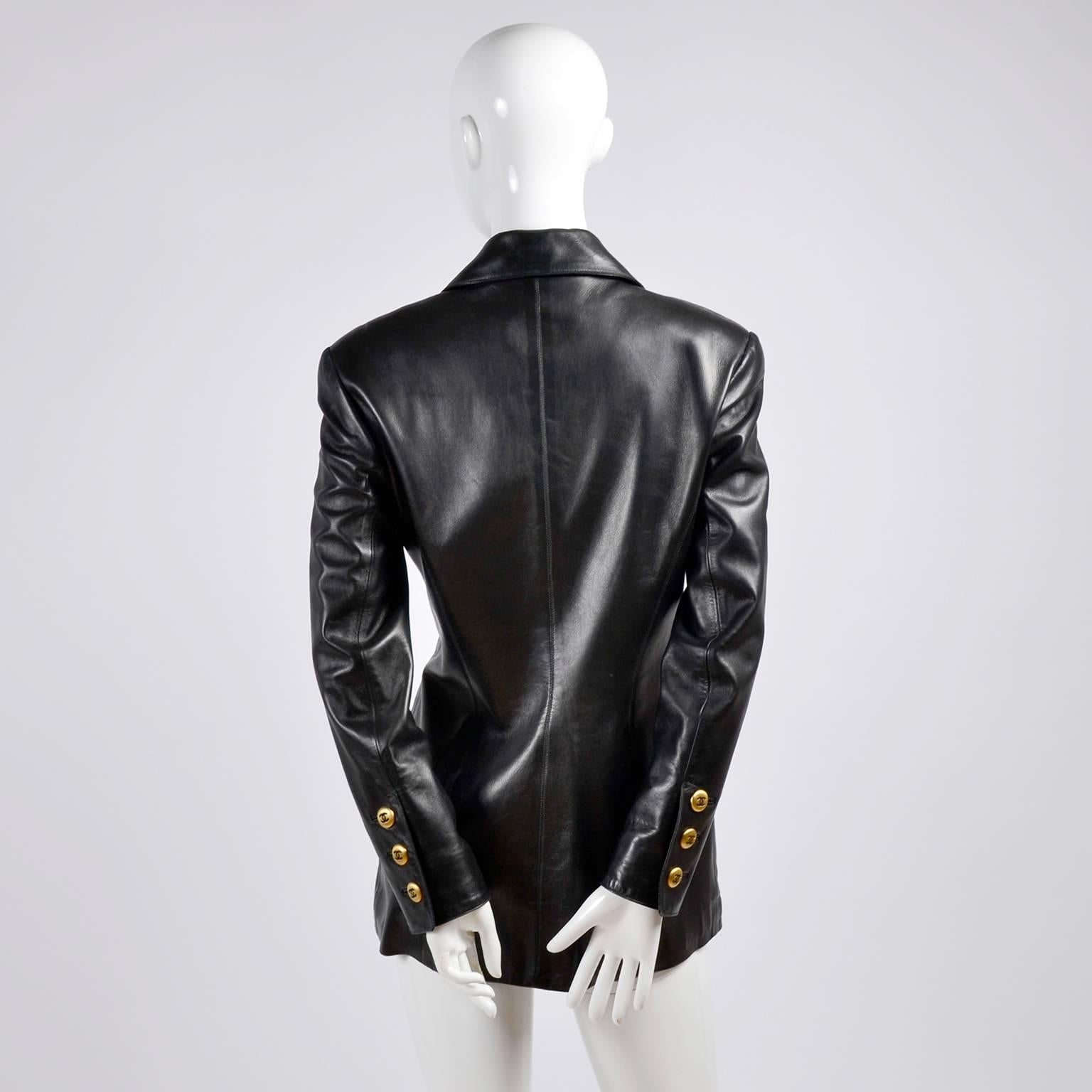 Chanel Vintage Black Leather Jacket With Quilting and CC Logo Brass Buttons  In Excellent Condition In Portland, OR