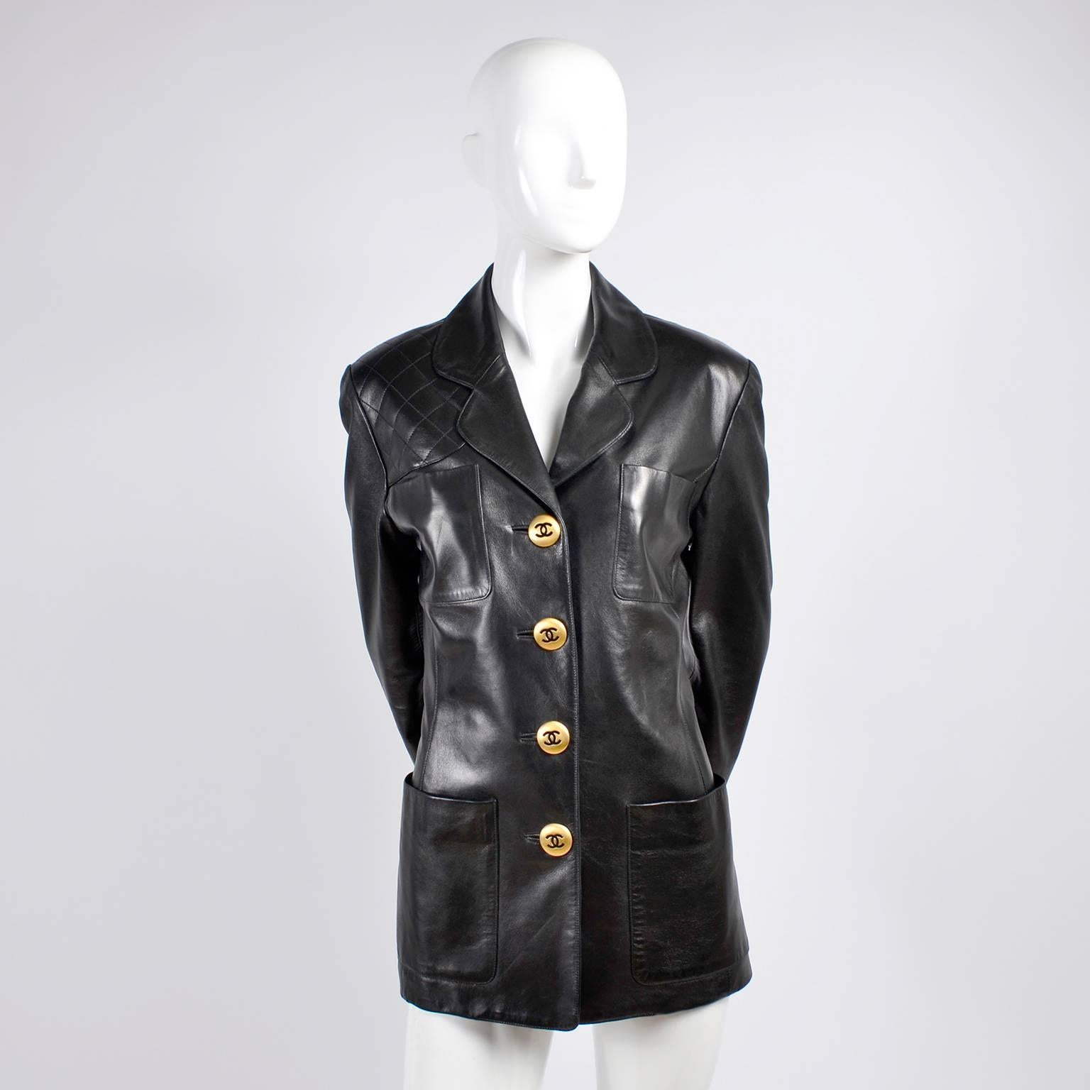 Women's Chanel Vintage Black Leather Jacket With Quilting and CC Logo Brass Buttons 