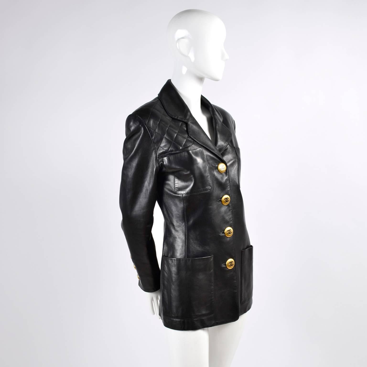 Chanel Vintage Black Leather Jacket With Quilting and CC Logo Brass Buttons  1