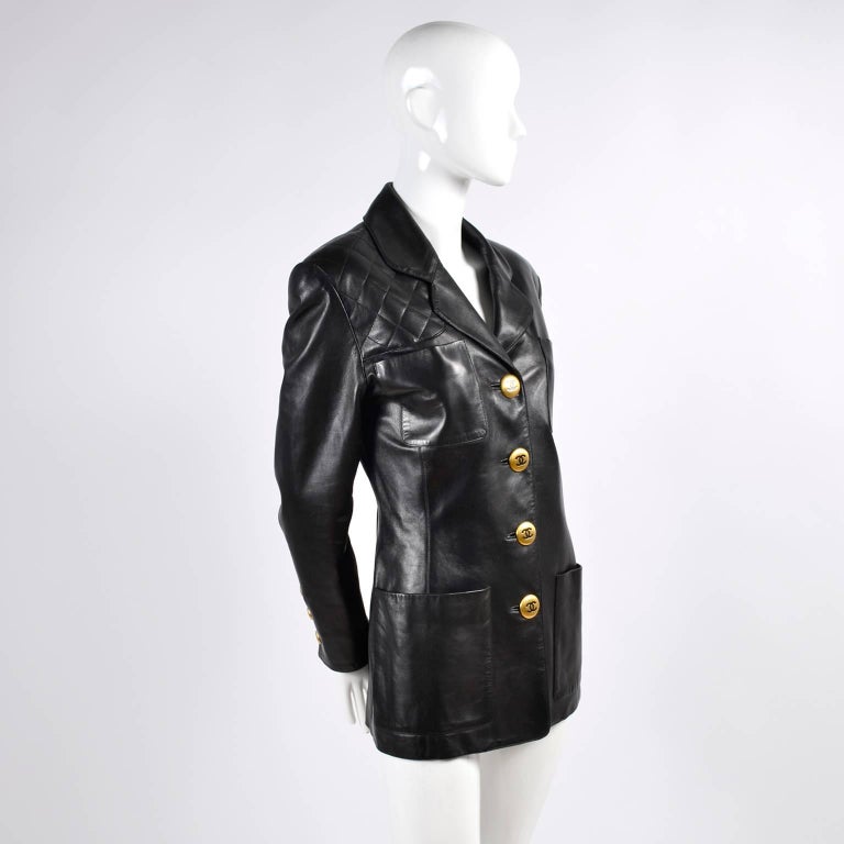 Chanel Vintage Black Leather Jacket With Quilting and CC Logo Brass Buttons  at 1stDibs