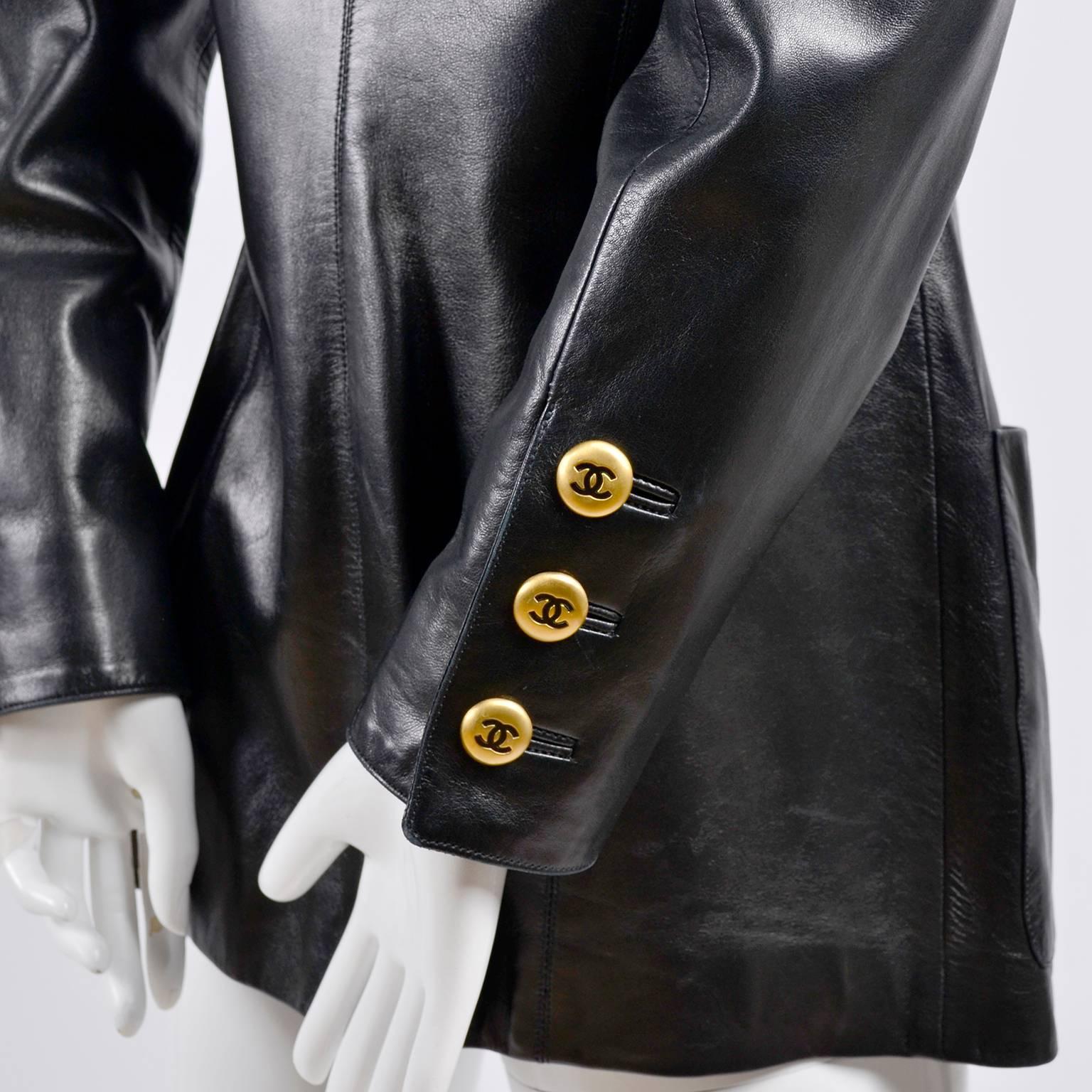Chanel Vintage Black Leather Jacket With Quilting and CC Logo Brass Buttons  2