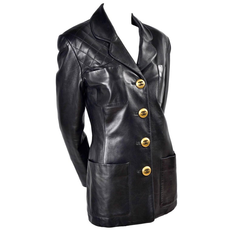 Chanel Vintage Black Leather Jacket With Quilting and CC Logo Brass Buttons at 1stDibs vintage